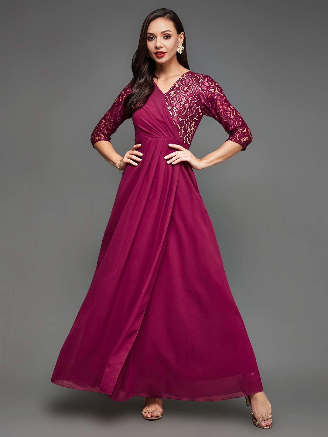 Dark Pink Colored V-Neck Three-Quarter Sleeve Self-Designed Wrap Maxi Georgette Dress