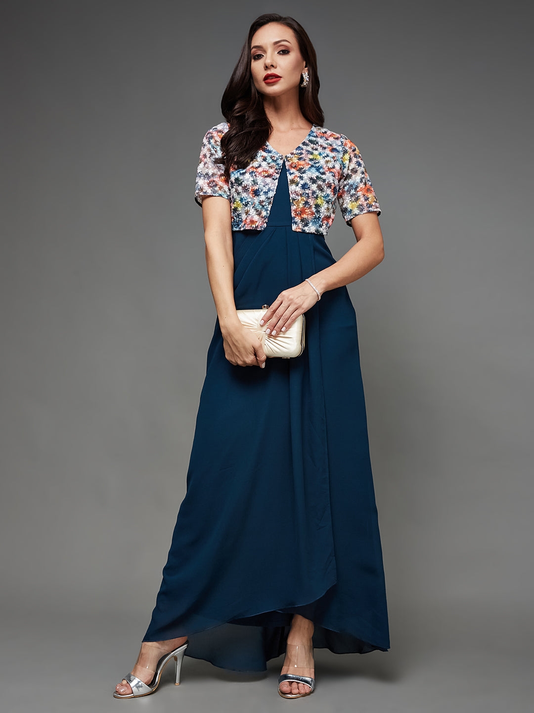 MISS CHASE | Multicolored-Base-Teal V-Neck Half Sleeve Embroidered Layered Maxi Georgette Dress