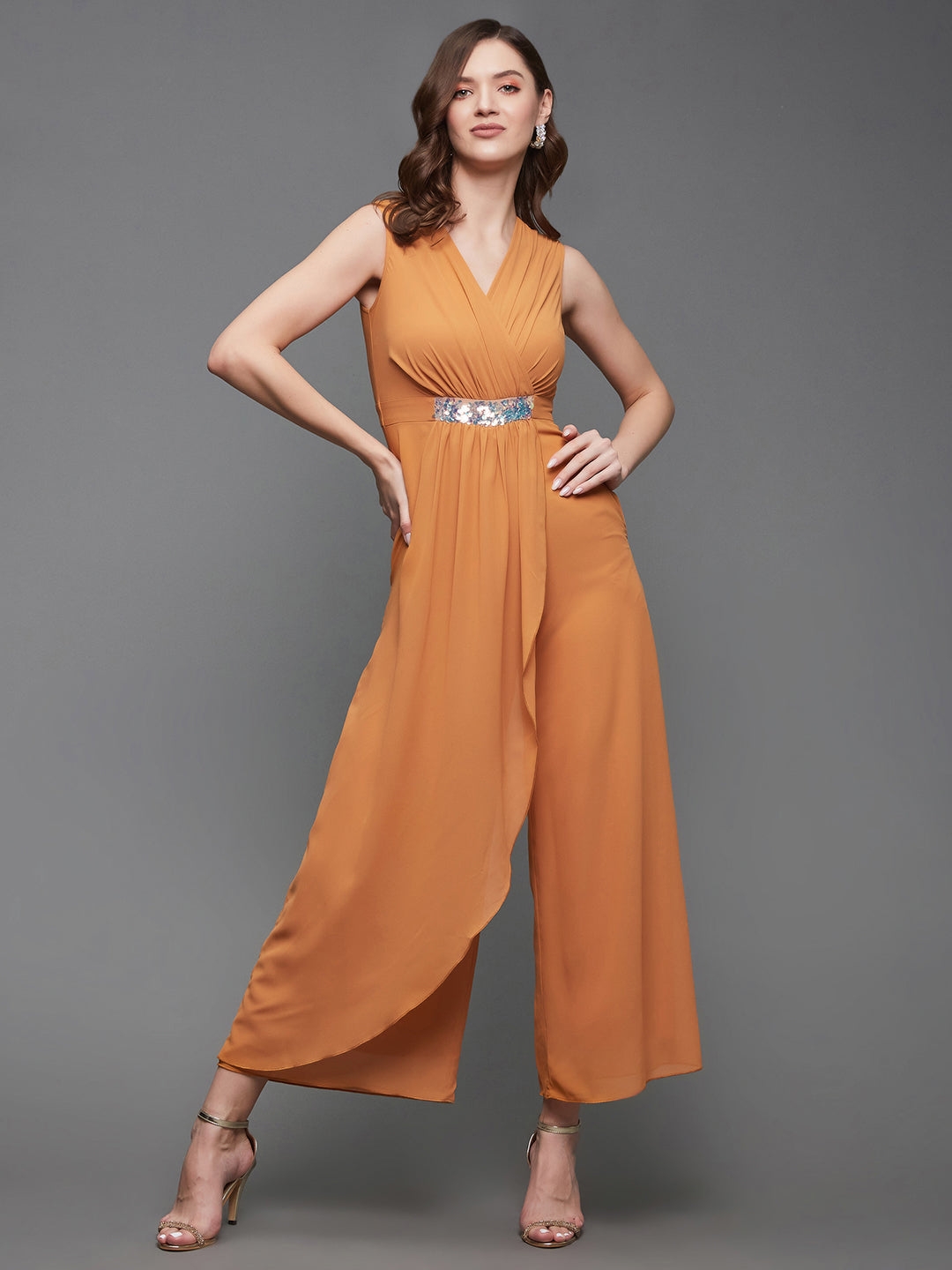 MISS CHASE | Dusty Orange Colored V-Neck Sleeveless Embellished Wrap Regular-Length Jumpsuit