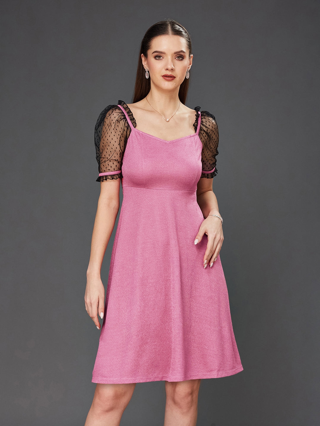 MISS CHASE | Pink & Black Solid V-Neck Half Sleeve Relaxed Fit Knee-Long Dress