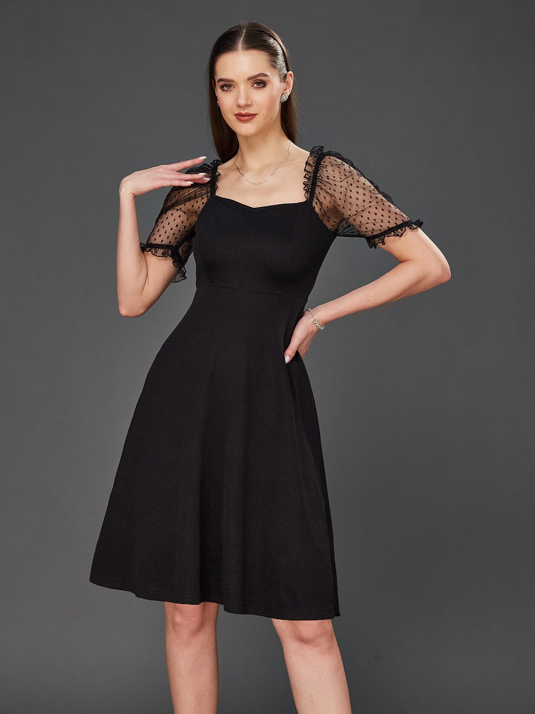 MISS CHASE | Black Solid V-Neck Half Sleeve Relaxed Fit Knee-Long Dress
