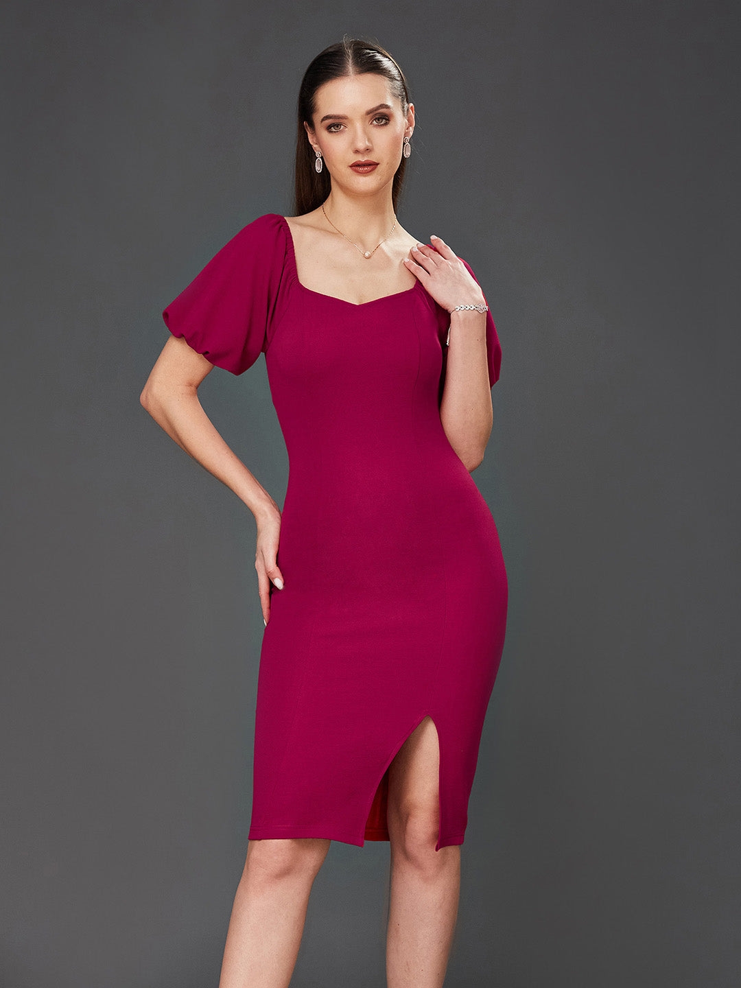 MISS CHASE | Dark Pink Solid Bodycon V-Neck Half Sleeve Slim Fit Knee-Long Dress