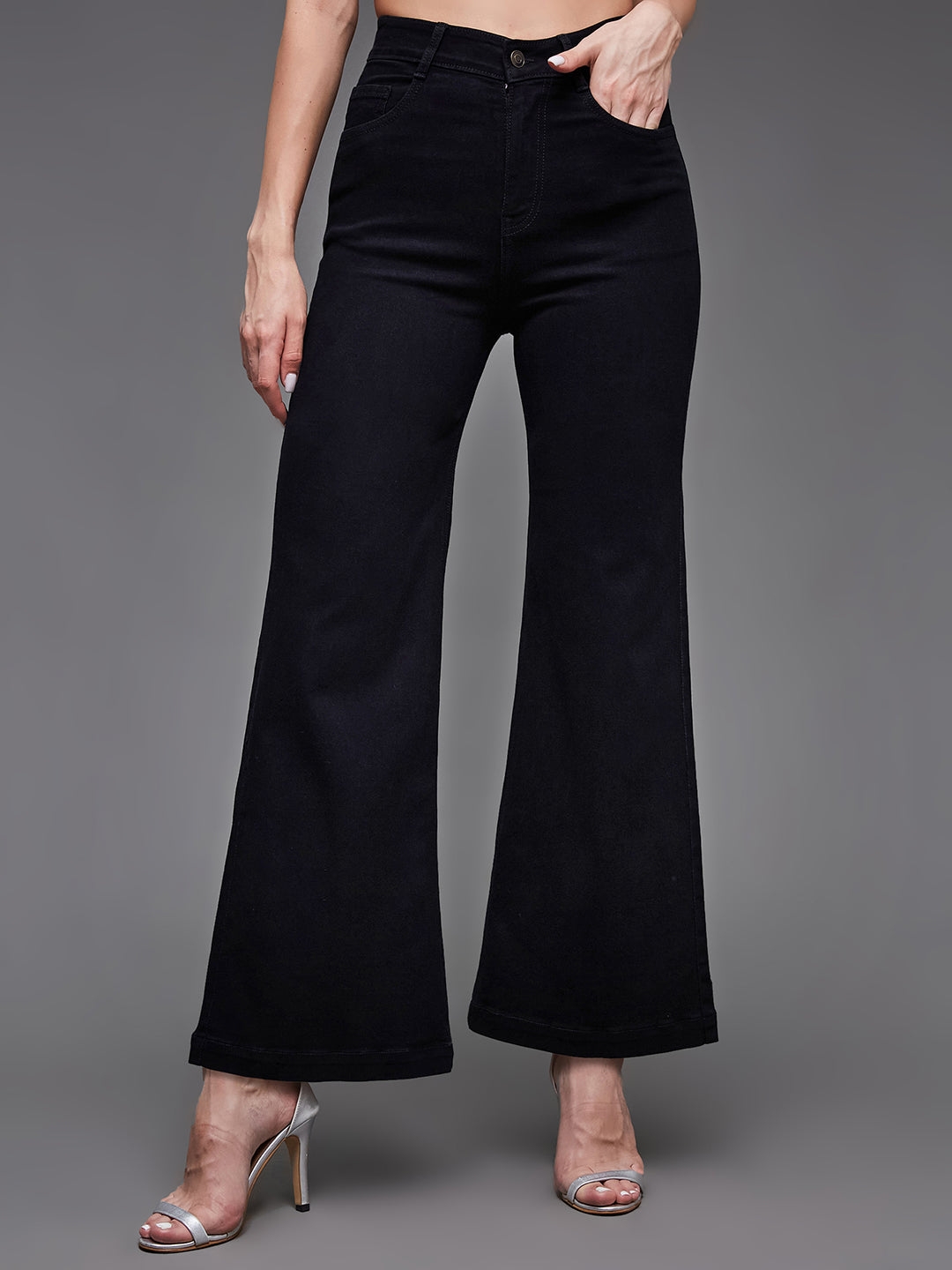 MISS CHASE | Black Wide Leg High Rise Clean Look Regular-Length Stretchable Denim Jeans