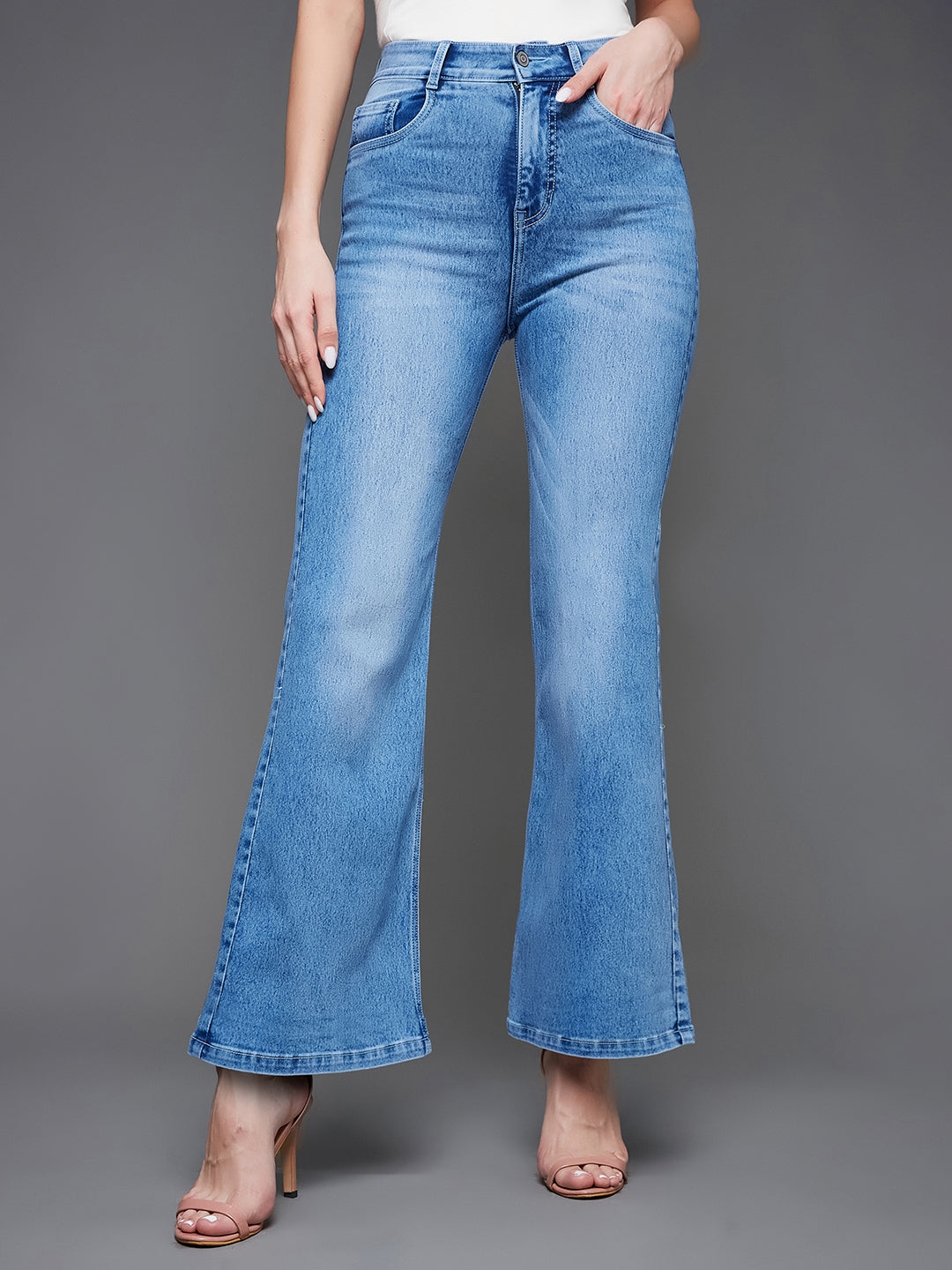 MISS CHASE | Light Blue Wide-Leg High Rise Clean Look Regular Length Stretchable Denim Jeans