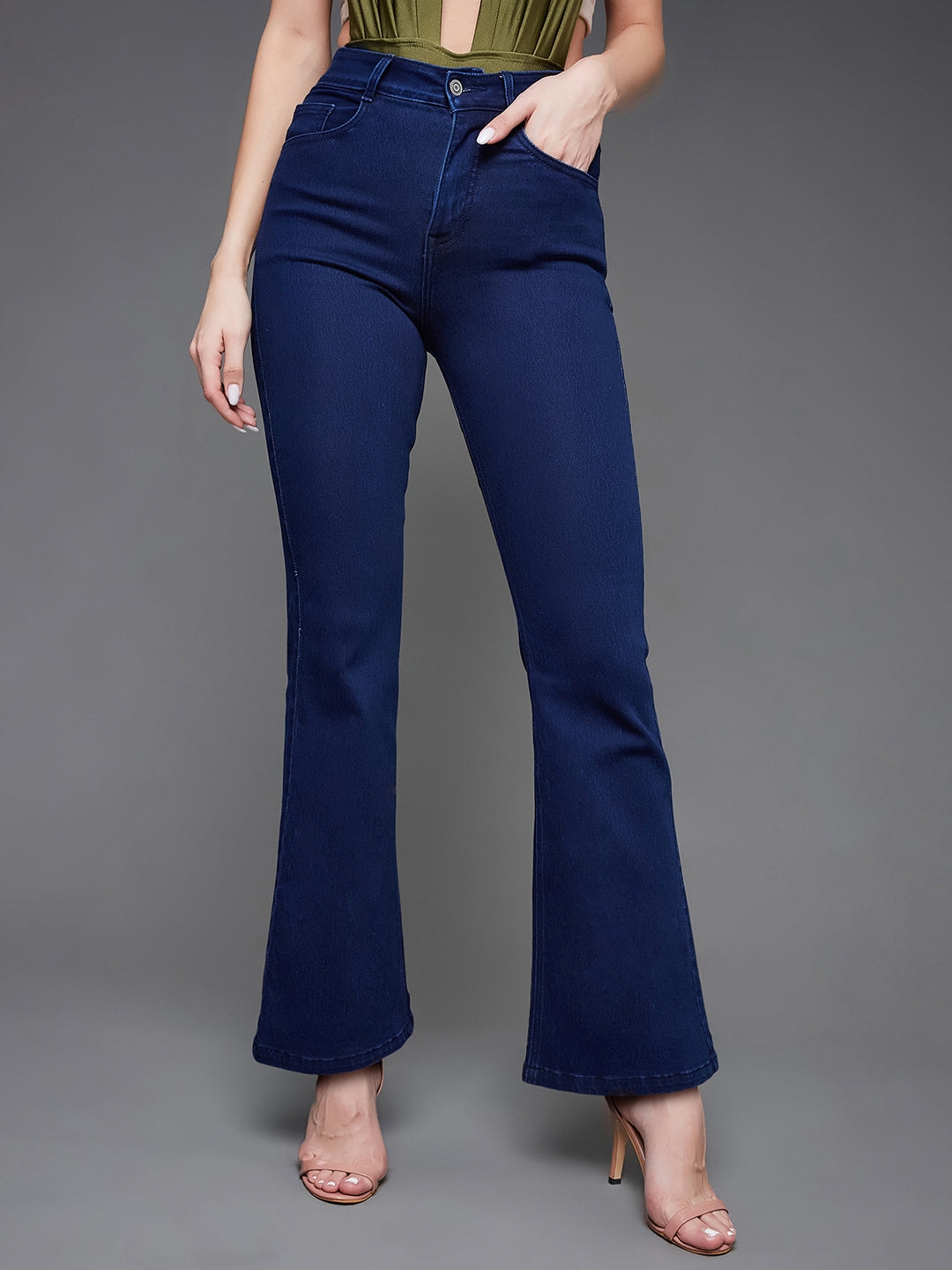 MISS CHASE | Navy Blue Bootcut High Rise Clean Look Regular Length Stretchable Denim Jeans