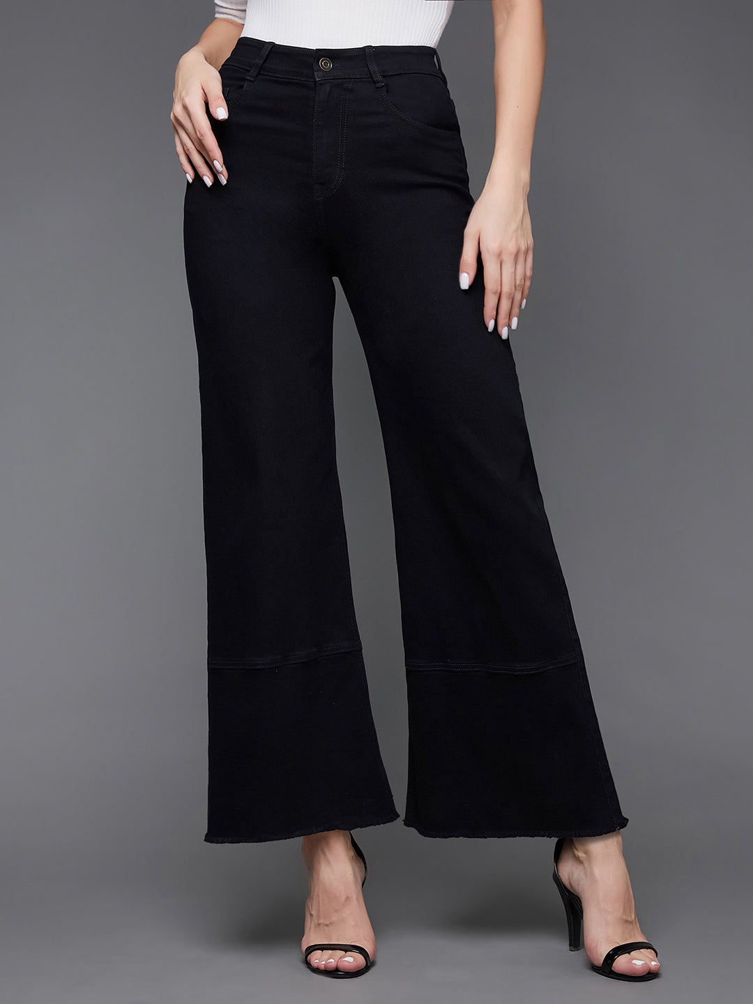 MISS CHASE | Black Wide Leg High Rise Clean Look Regular-Length Stretchable Denim Jeans