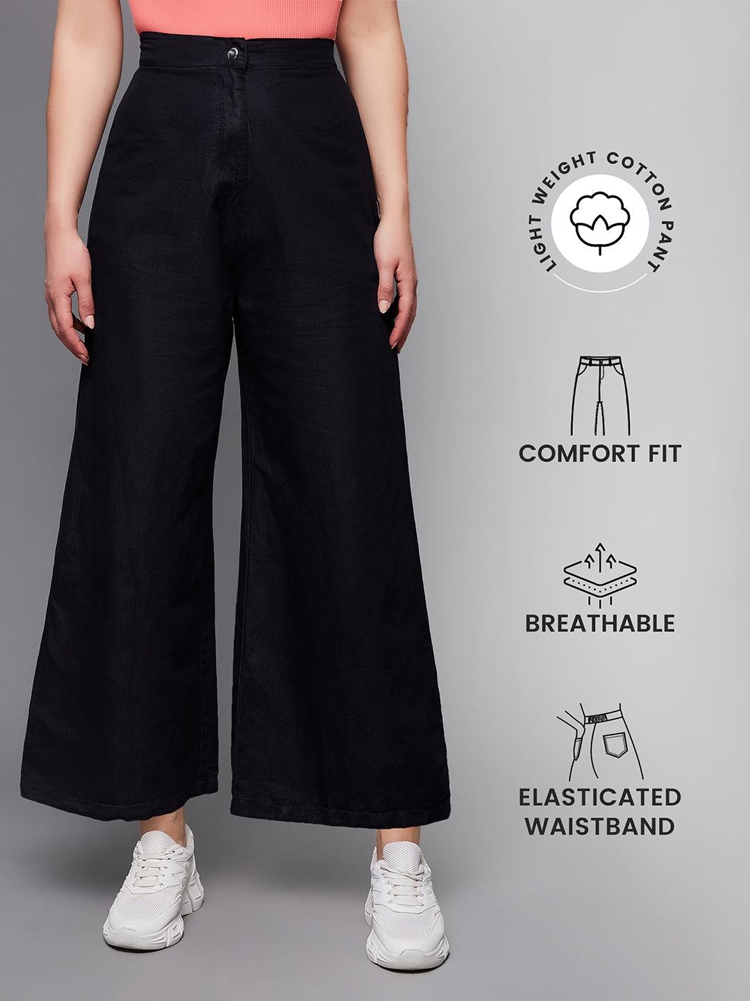 MISS CHASE | Black Wide-Leg High Rise Clean Look Regular Length Denim Pants