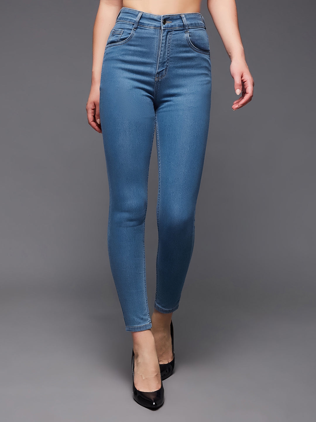 MISS CHASE | Blue Solid Skinny High Rise Clean Look Cropped Fringe Detailing Solid Stretchable Denim Jeans