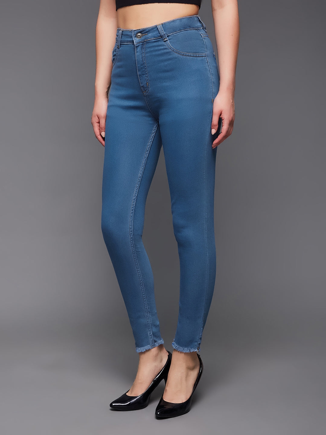 Blue Skinny High Rise Cropped Length Fringe Detailing Stretchable Denim Jeans