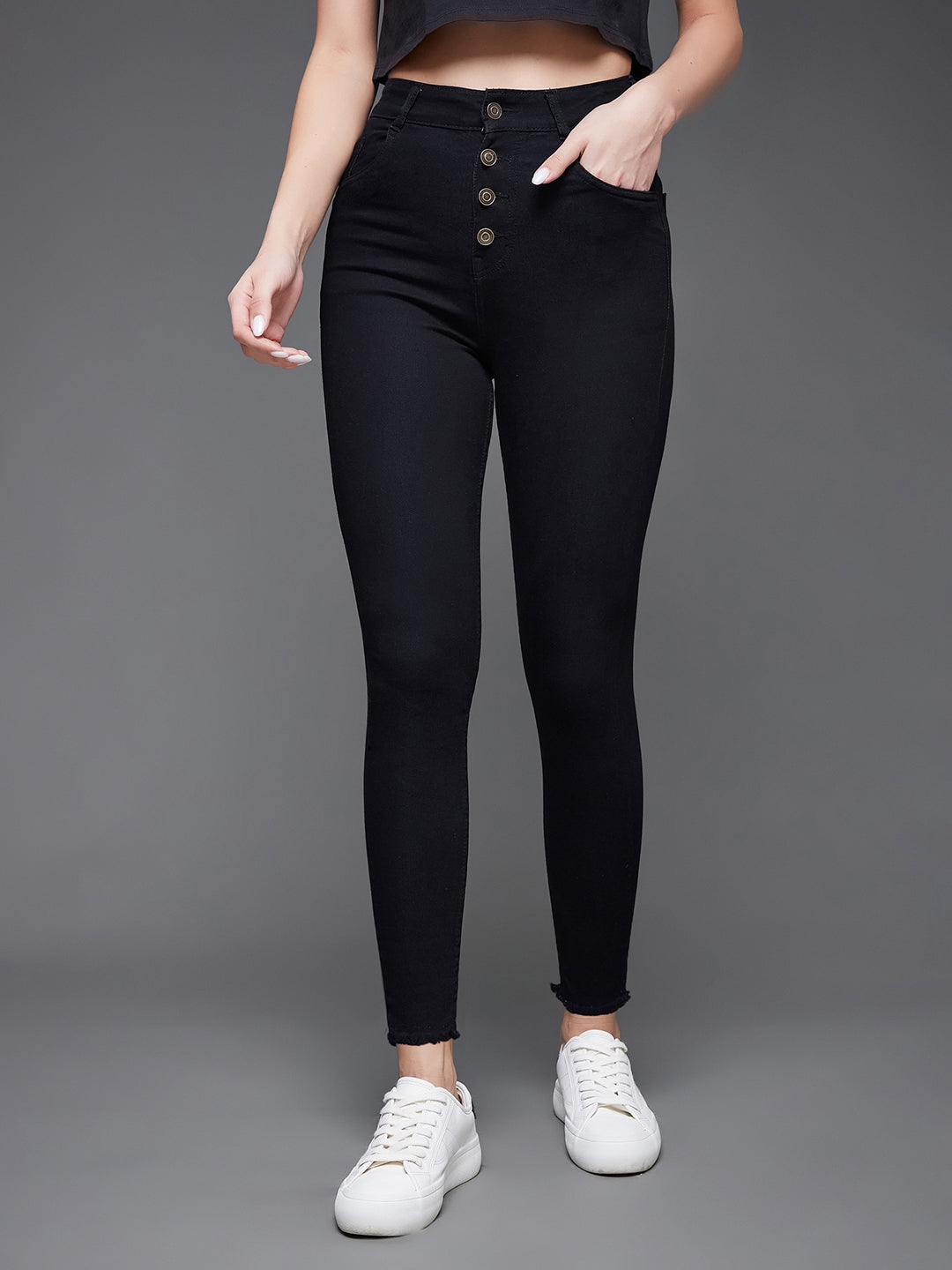 MISS CHASE | Black Skinny High Rise Clean Look Cropped Fringed Hemline Solid Stretchable Denim Jeans
