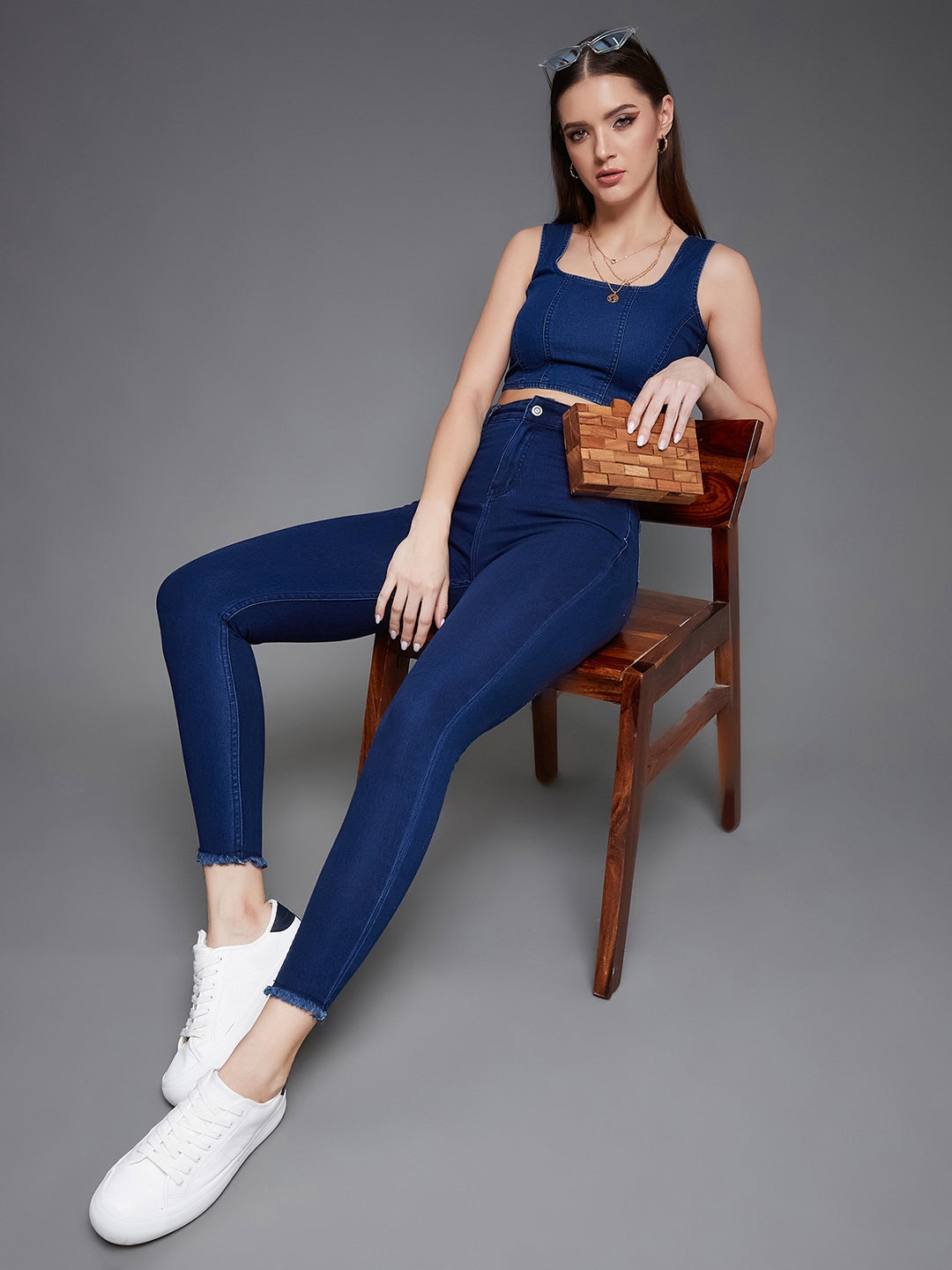 MISS CHASE | Navy Blue Skinny High Rise Solid Clean Look Cropped Fringed Hemline Stretchable Denim Jeans