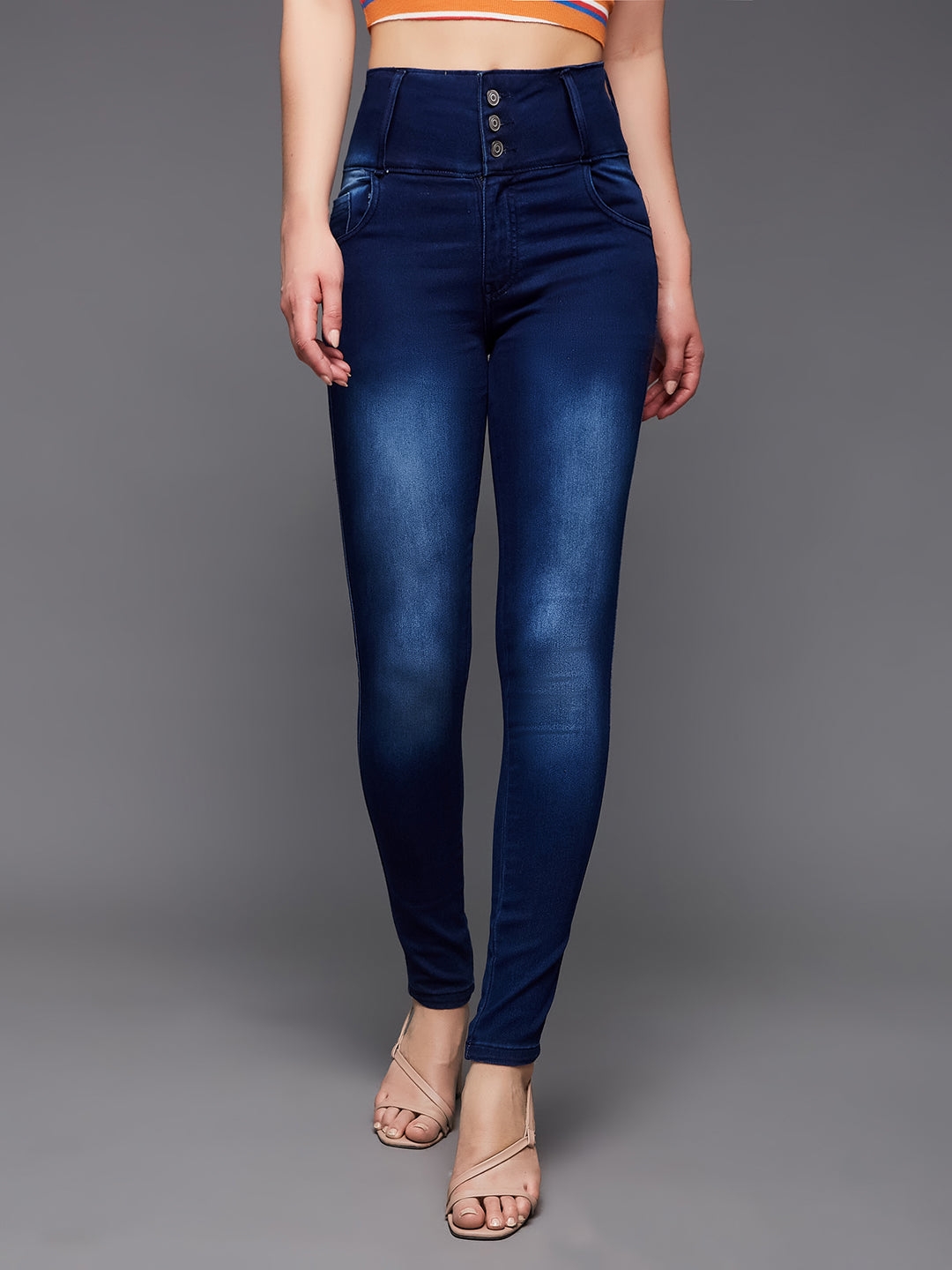 MISS CHASE | Navy Blue Skinny Fit High Rise Clean Look Regular Length Stretchable High Waist Denim Jeans