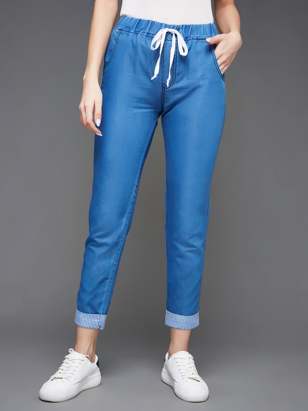 Blue High Rise Clean Look Solid Cropped Striped Detailing Denim Joggers