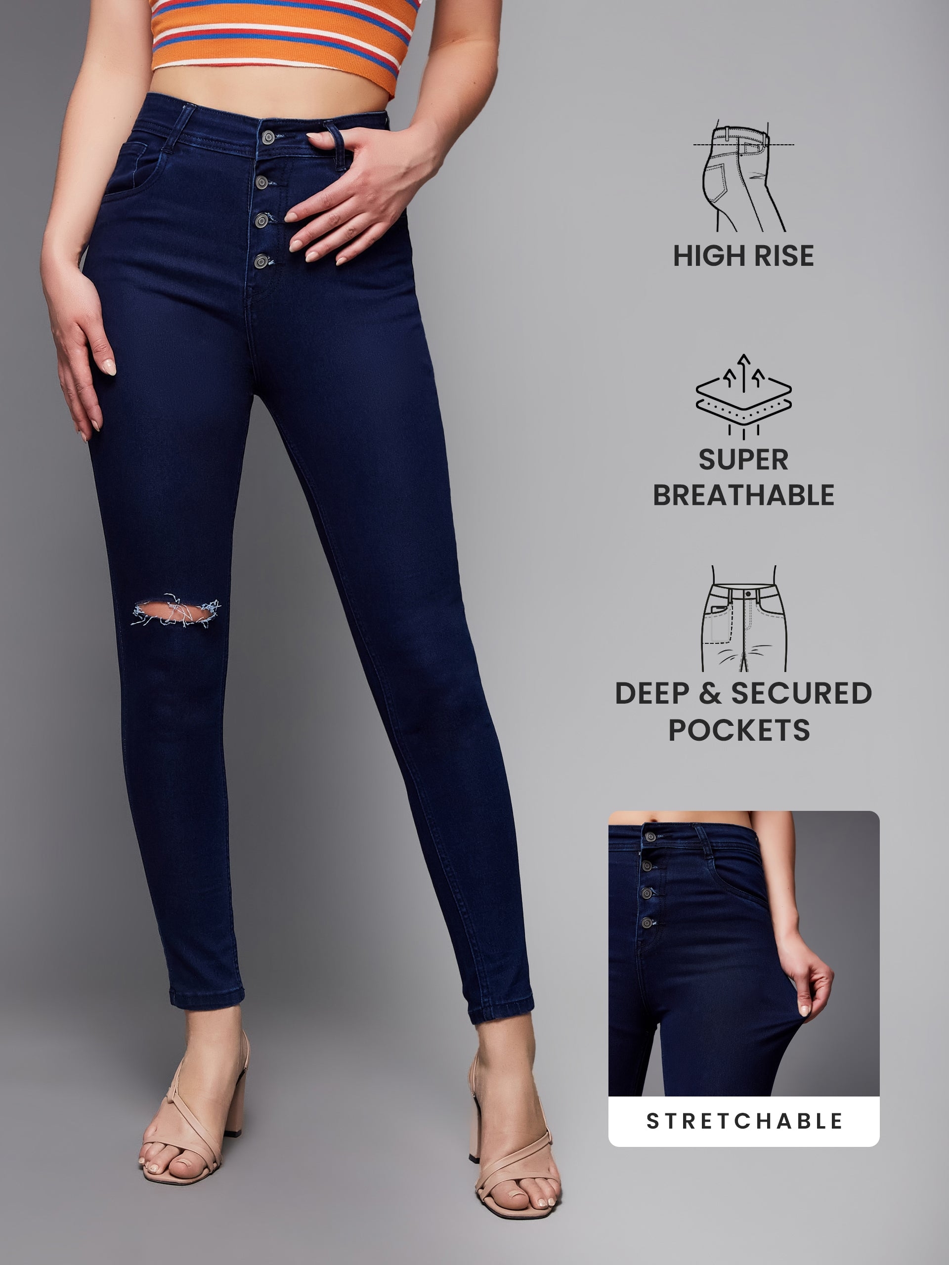 MISS CHASE | Navy Blue Skinny High Rise Knee Slit Clean Look Regular Length Denim Jeans