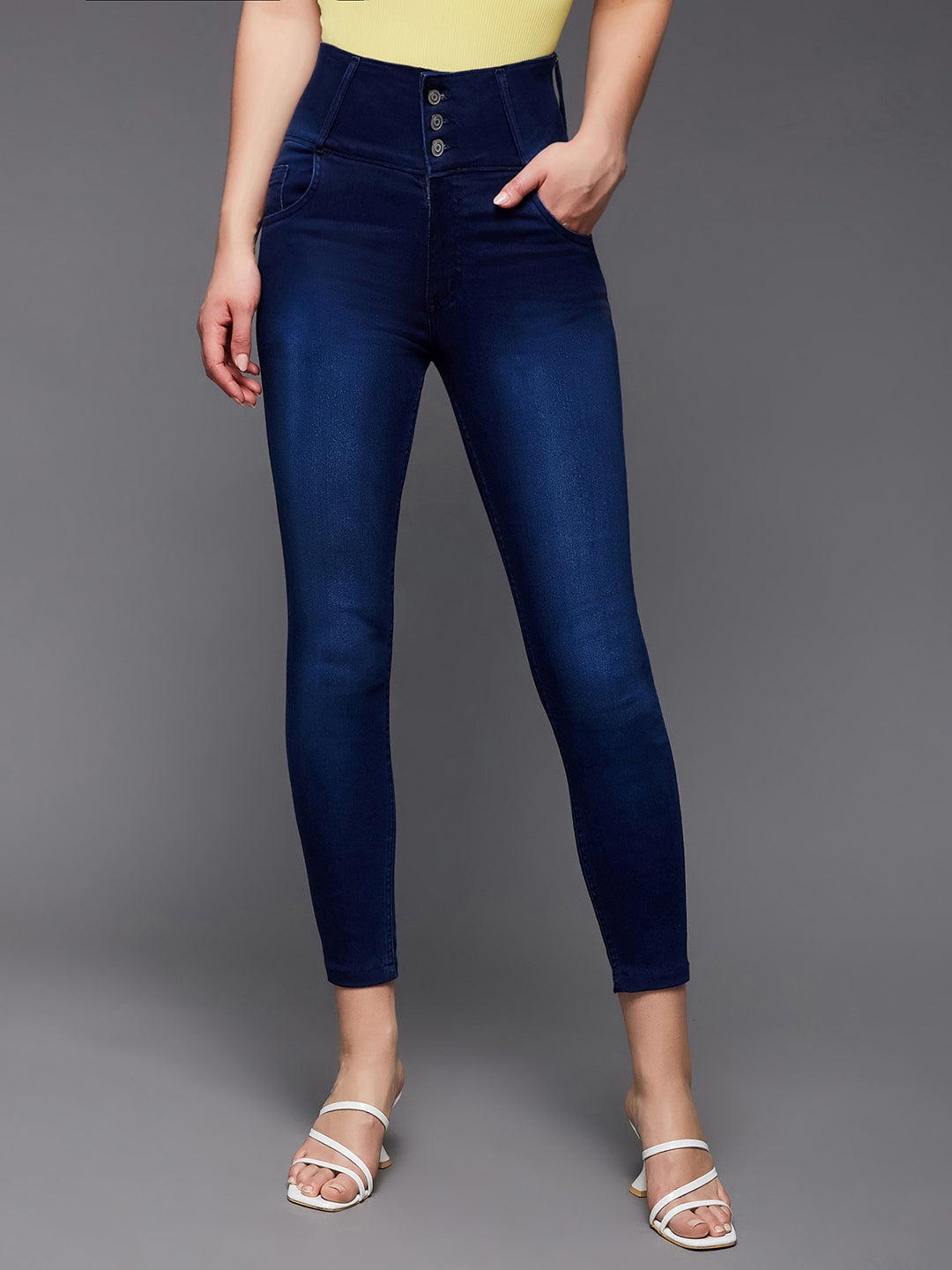 Navy Blue Skinny Fit High Rise Clean Look Cropped Length Stretchable High Waist Denim Jeans