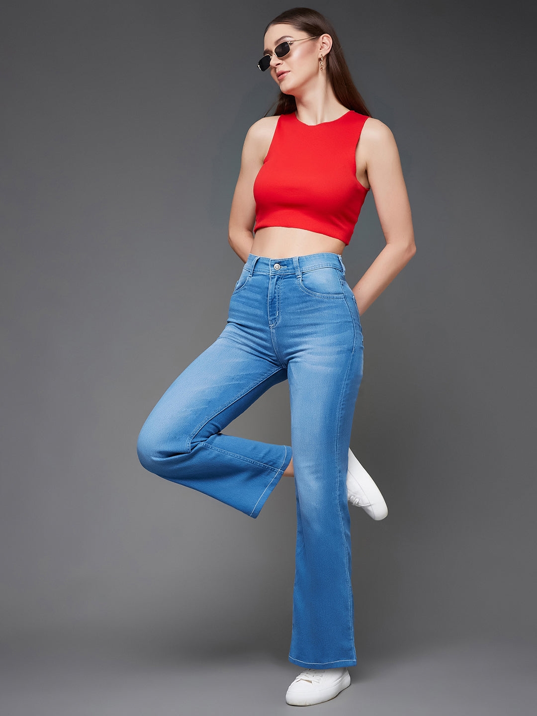 MISS CHASE | Light Blue Relaxed Mid Rise Clean Look Regular Stretchable Denim Jeans