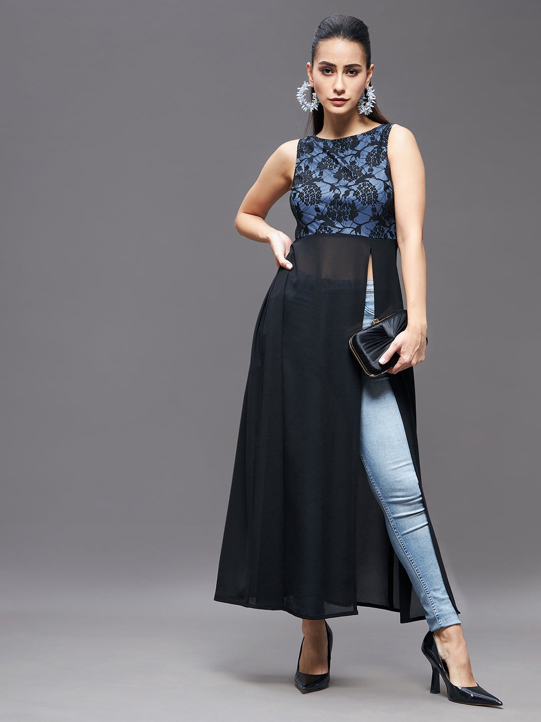 MISS CHASE | Black Boat Neck Sleeveless Self Design Lace Overlaid Polyester Maxi Top