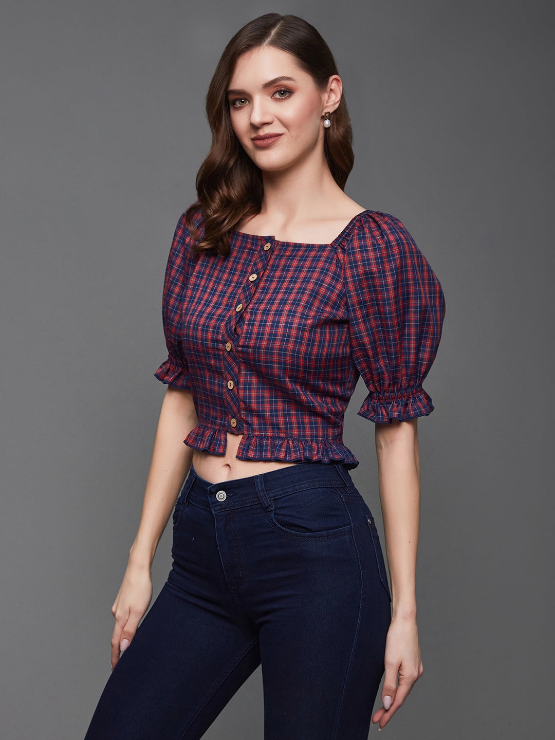 Red and Blue Checkered Square Neck Puff Sleeves Polyester Ruffled Short Top