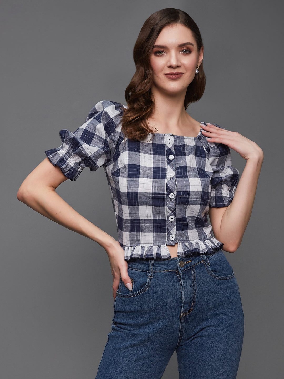 Navy and White Checkered Square Neck Puff Sleeves Polyester Ruffled Short Top