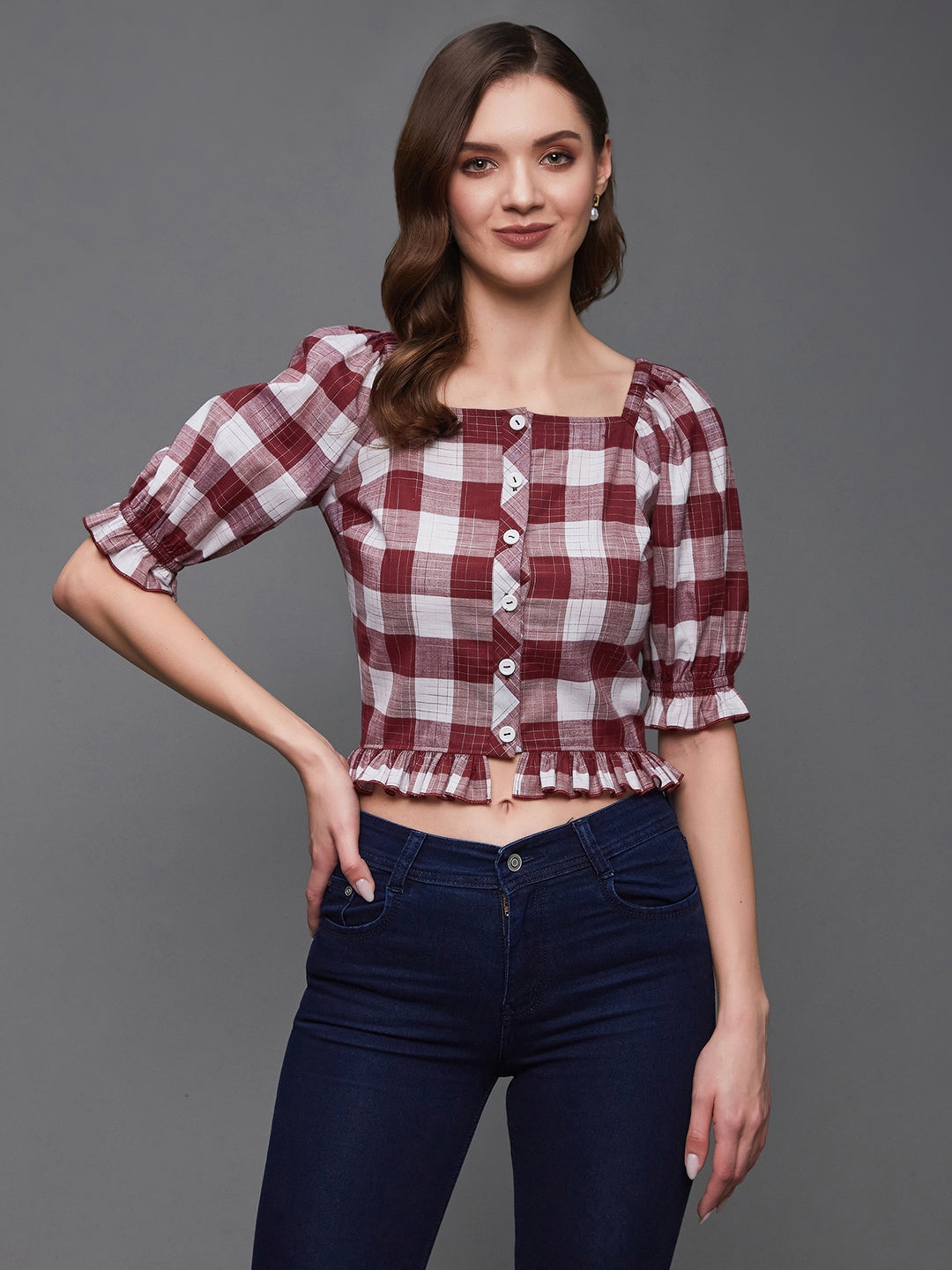 MISS CHASE | Maroon and White Checkered Square Neck Puff Sleeves Polyester Ruffled Short Top