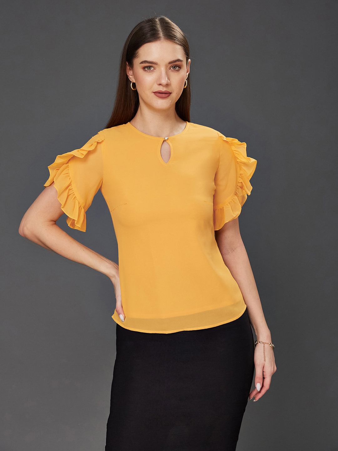 MISS CHASE | Mustard Solid Round Neck Half Sleeve Relaxed Fit Regular Top