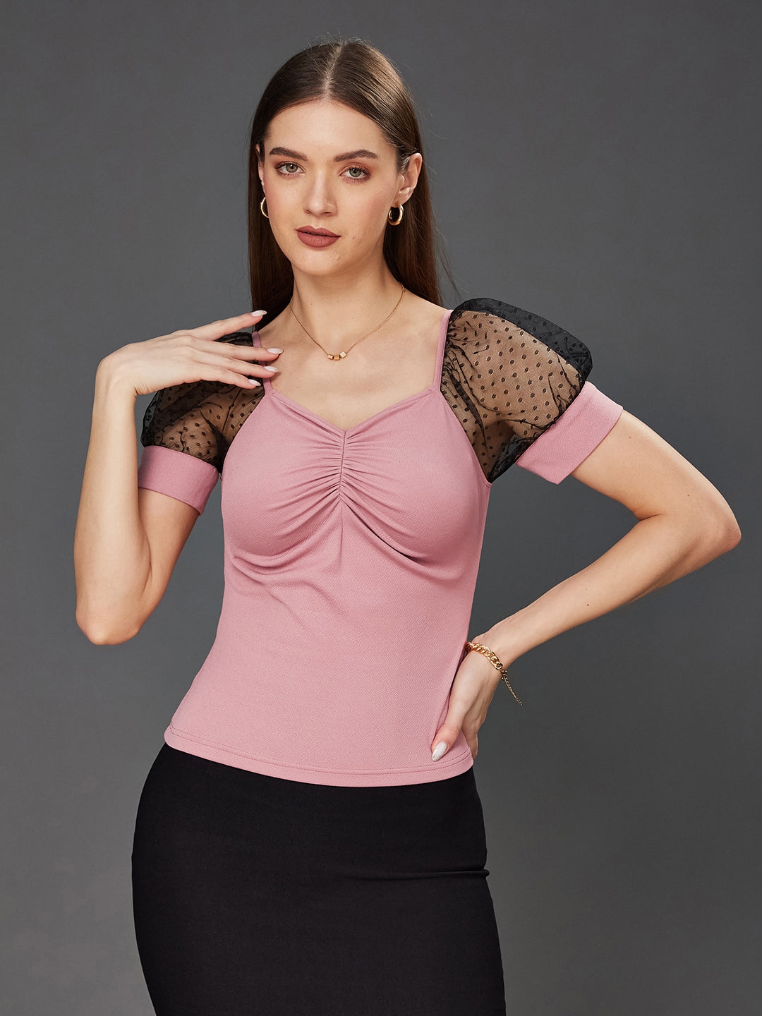 MISS CHASE | Dusty Pink & Black Solid V-Neck Short Sleeve Relaxed Fit Regular Top