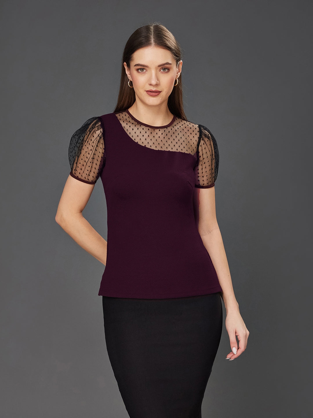 MISS CHASE | Dark Purple & Black Solid Round Neck Short Sleeve Relaxed Fit Regular Top