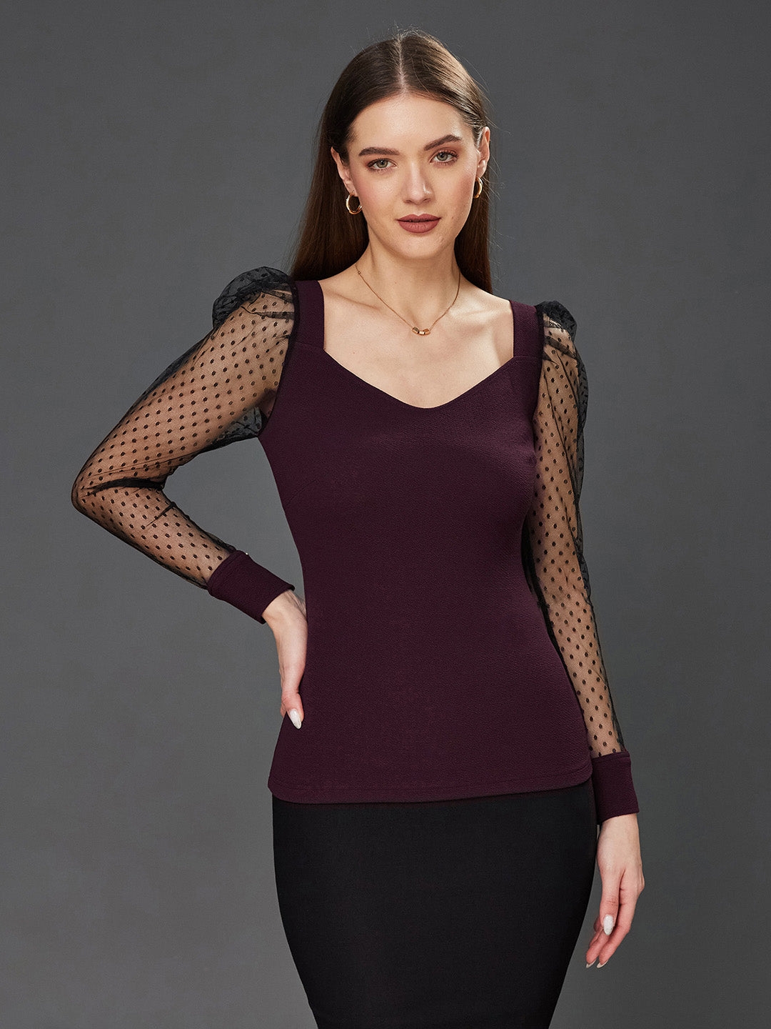 MISS CHASE | Dark Purple & Black Solid V-Neck Full Sleeve Relaxed Fit Regular Top