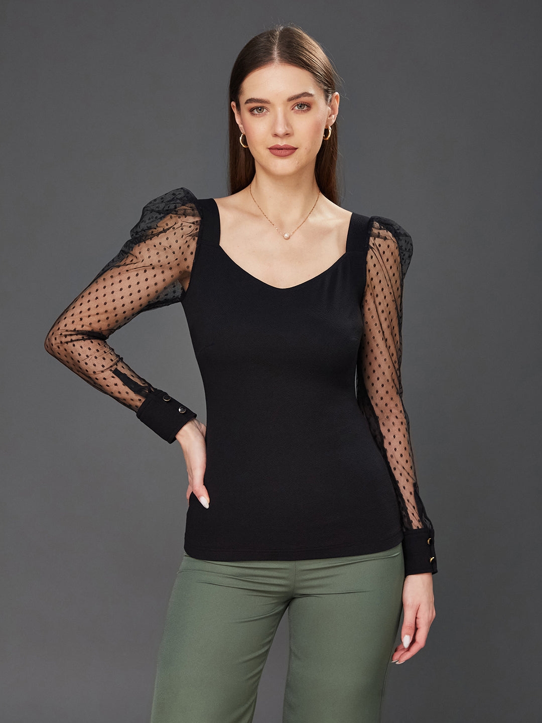 MISS CHASE | Black Solid V-Neck Full Sleeve Relaxed Fit Regular Top