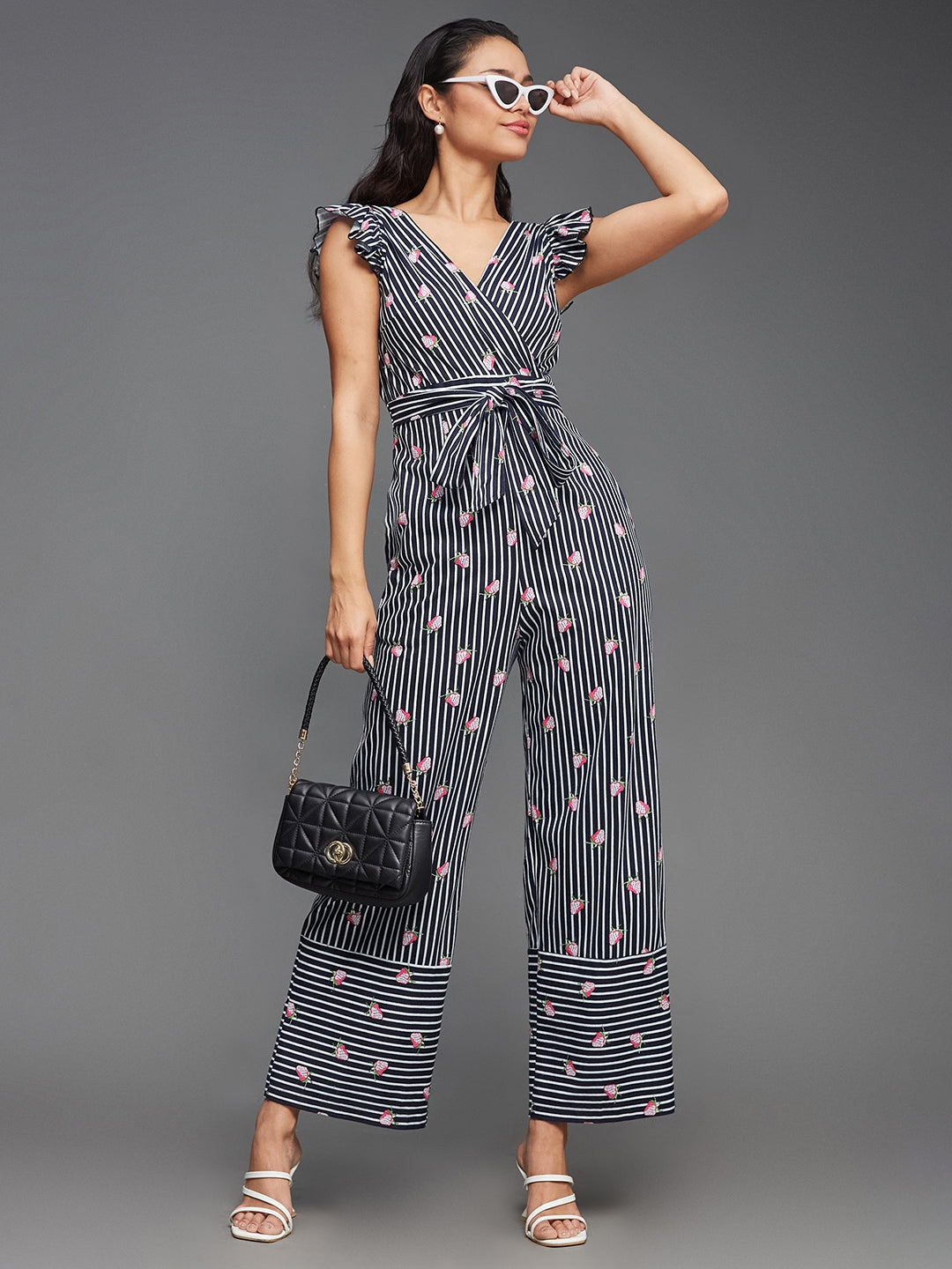 MISS CHASE | Multicolored-Base-Navy V-Neck Cap Sleeve Striped Waist Tie-Up Pure Cotton Regular-Length Jumpsuit