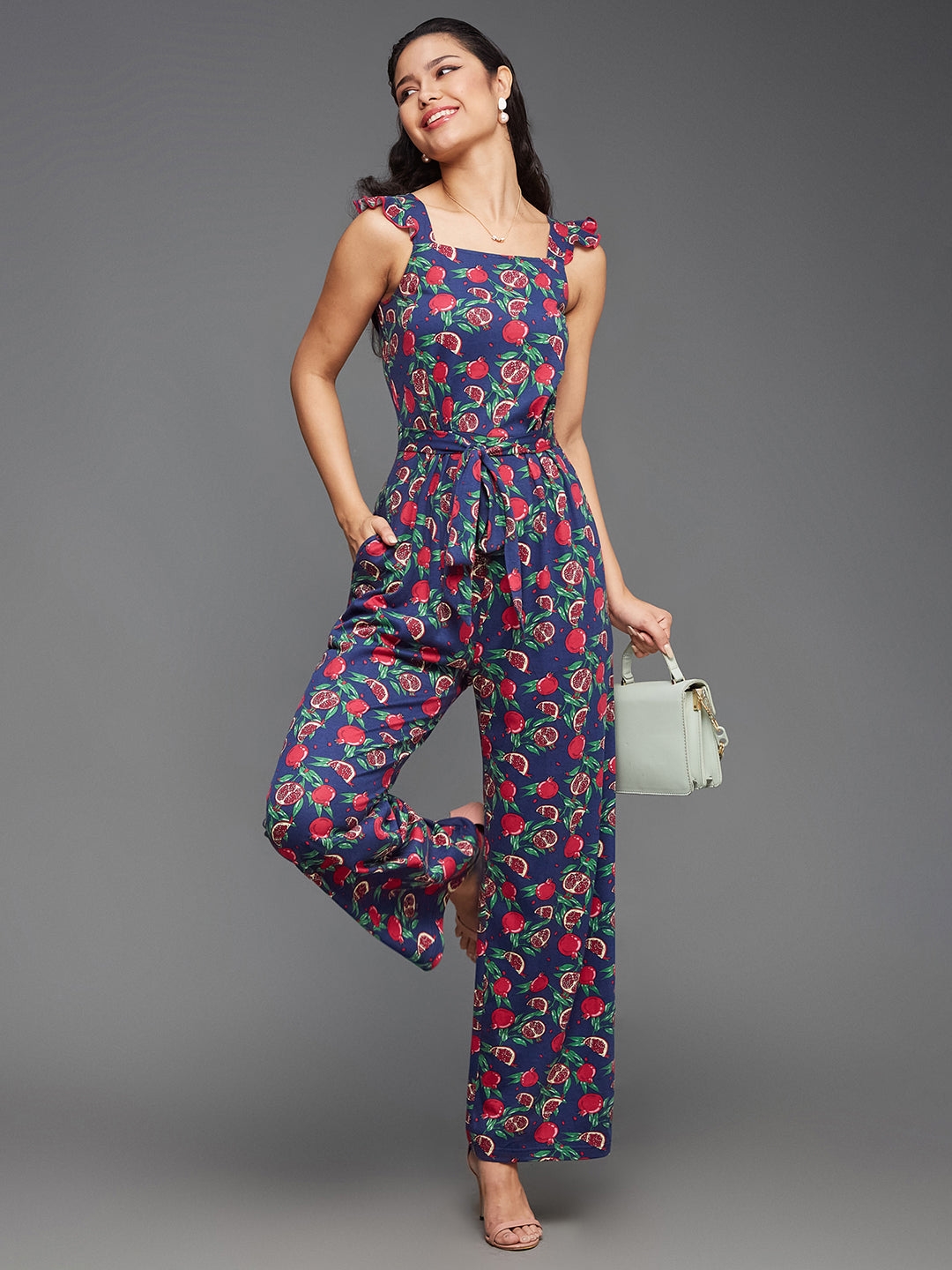 MISS CHASE | Multicolored-Base-Navy Square Neck Sleeveless Fruit Waist Tie-Up Pure Cotton Regular-Length Jumpsuit