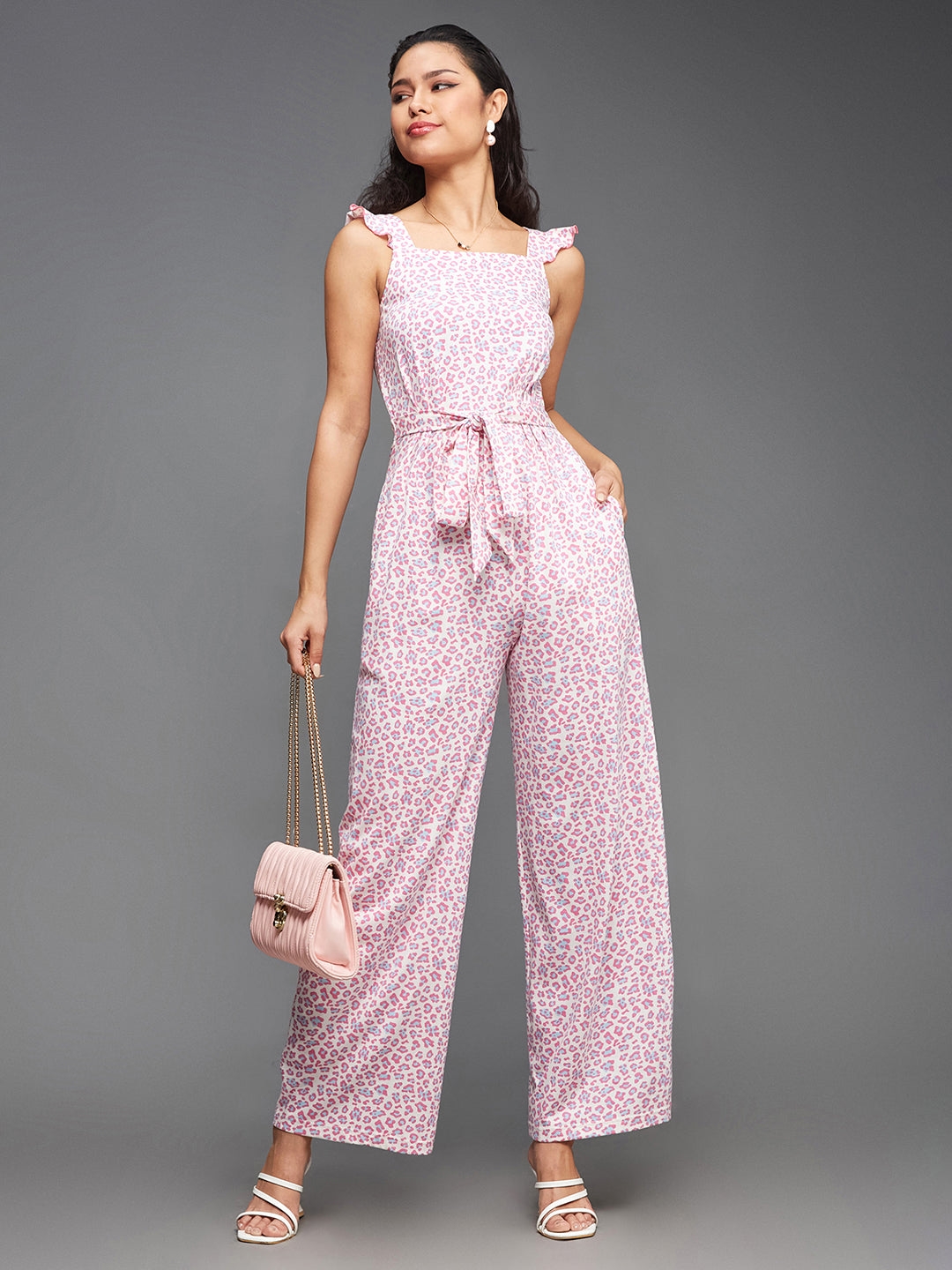 MISS CHASE | Multicolored-Base-Peach Square Neck Sleeveless Animal-Patterned Waist Tie-Up Pure Cotton Regular-Length Jumpsuit
