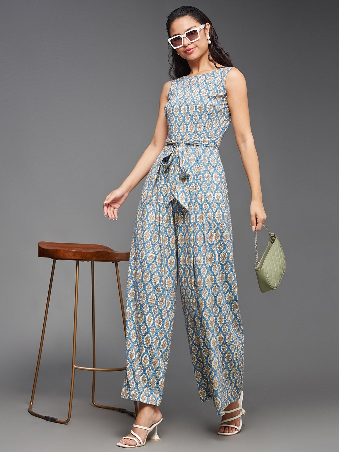 Multicolored-Base-Off White Boat Neck Sleeveless Bohemian-Patterned Pleated Pure Cotton Regular-Length Jumpsuit