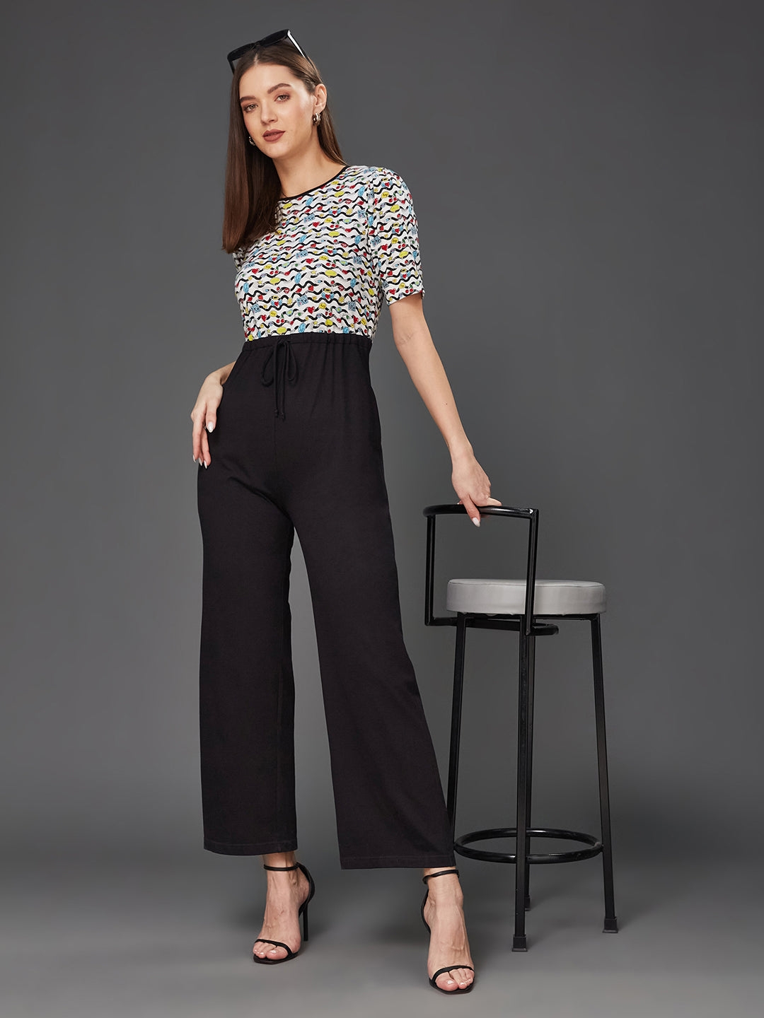 MISS CHASE | Multicolored Round Neck Half Sleeve Conversational Waist Tie-Up Pure Cotton Regular-Length Jumpsuit