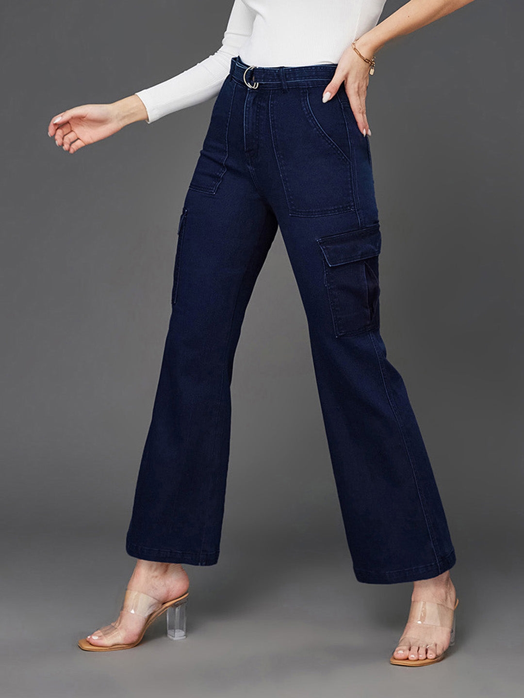 MISS CHASE | Navy Blue Wide leg High rise Clean Look Regular Stretchable Cargo Denim Jeans