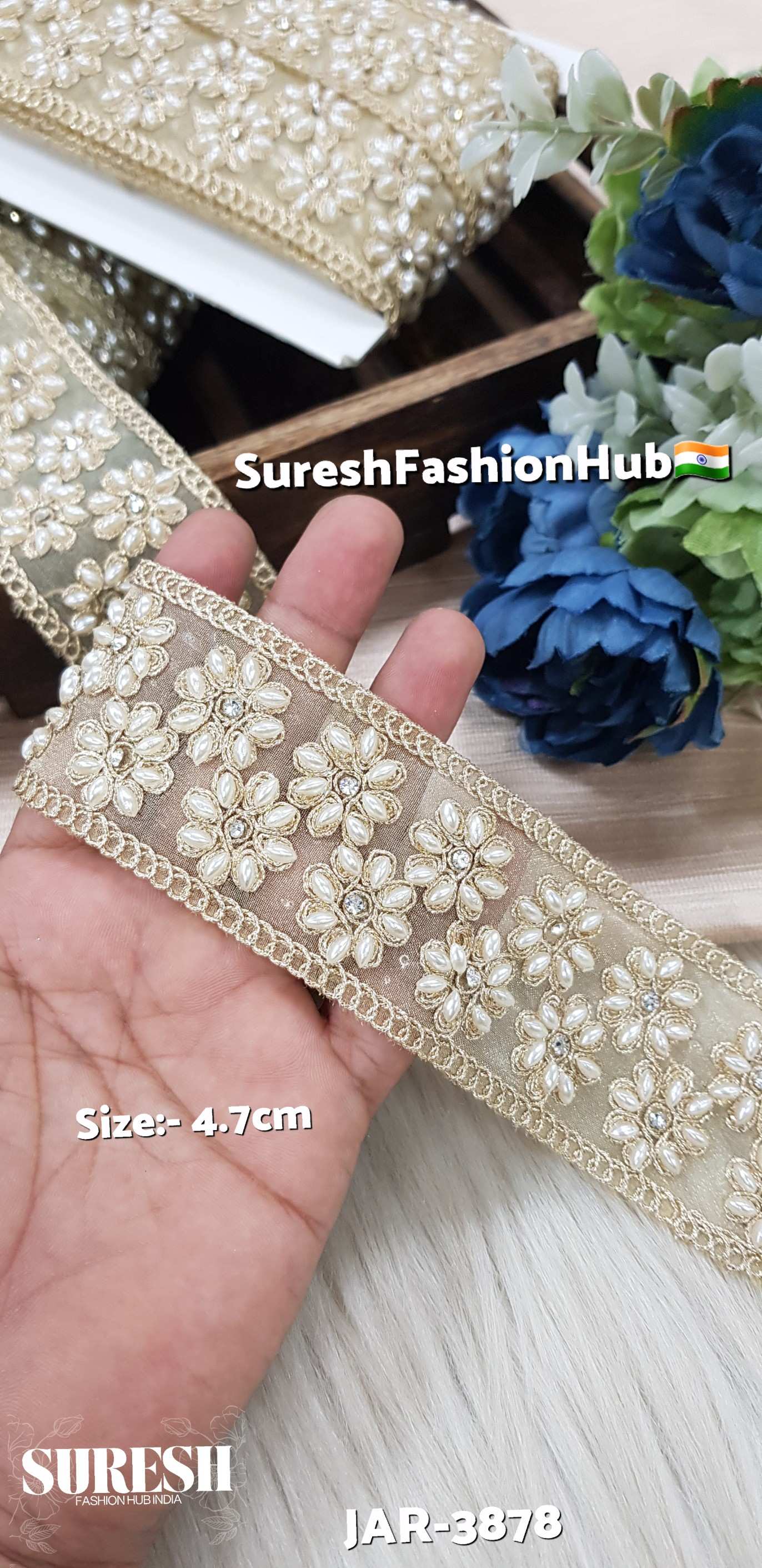 Gold Floral Diamond Pearl Dori Cutwork Lace