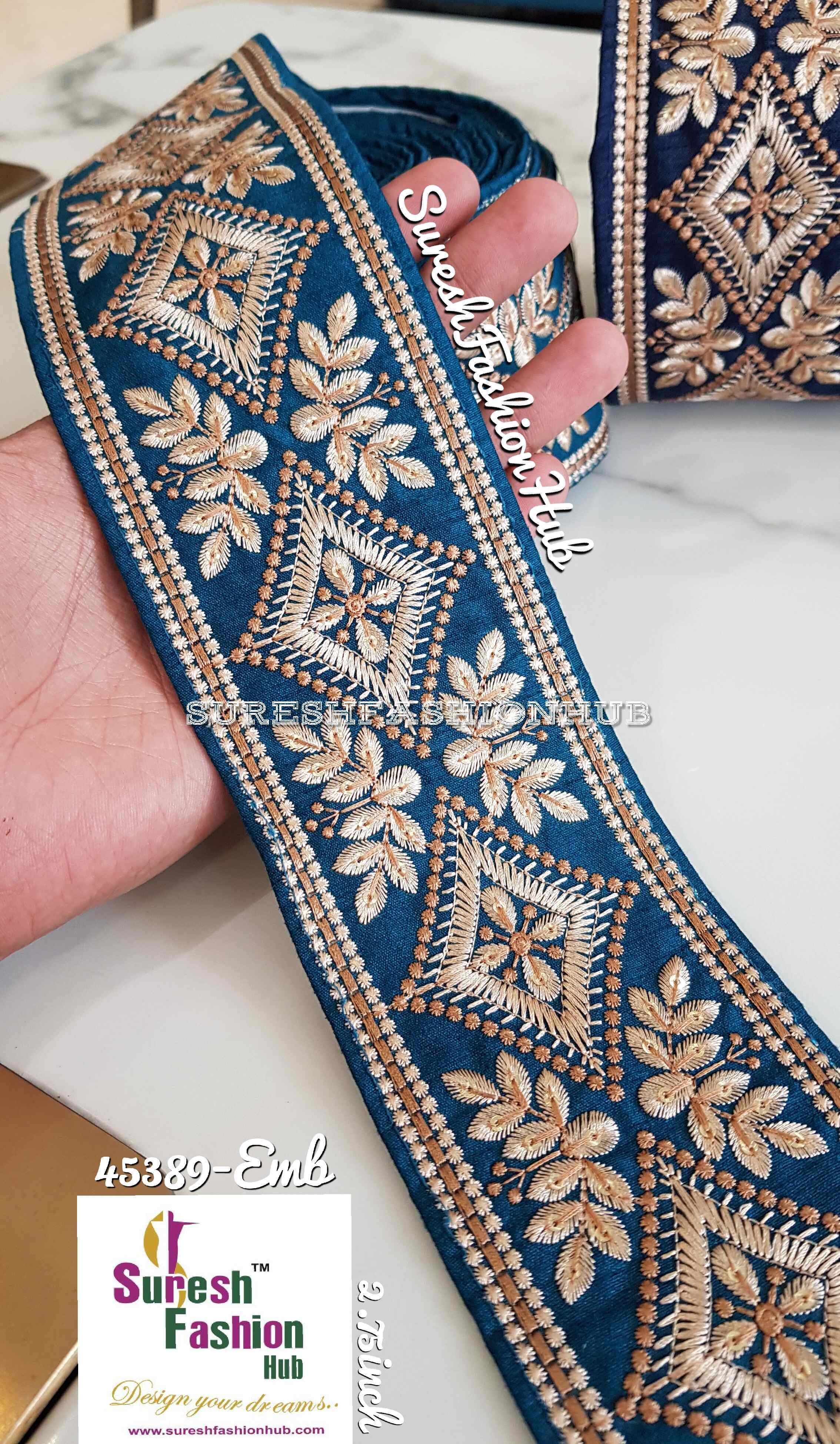 Teal Blue Obsidiam Floral Weave Embroidery Designer Trim