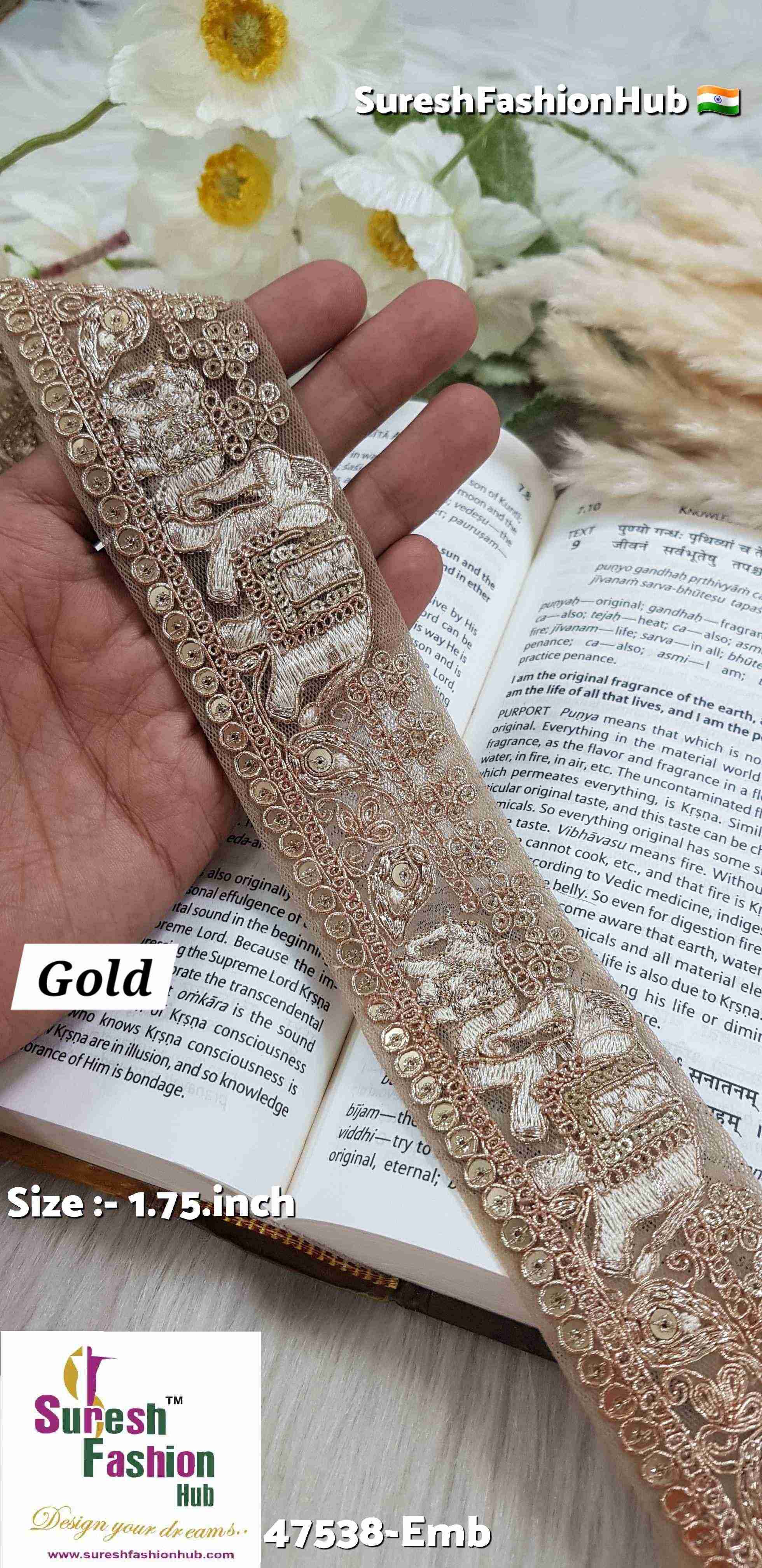 Certainly! Here are some ALT text suggestions that incorporate a variety of keywords to help improve your visibility on Google:  1. "Navratri Banarasi Laces - Traditional Indian Festive Laces" 2. "Golden Silver Banarasi Lace - Elegant Metallic Trims for Garments" 3. "Cutwork Banarasi Laces - Intricate Openwork Designs"