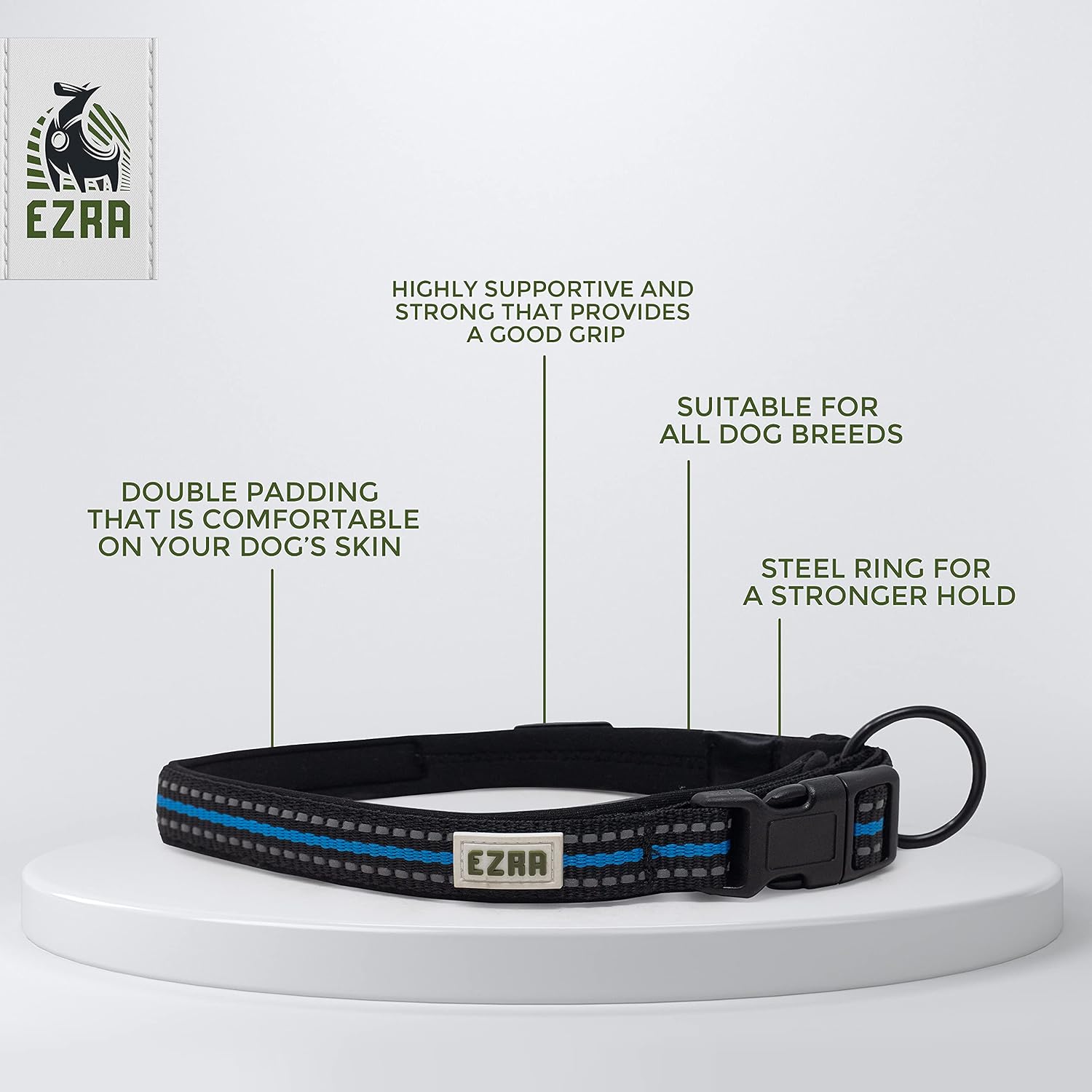 Ezra Hart Dog Collar, Durable Padded Adjustable Collar with Steel D-Ring, Blue