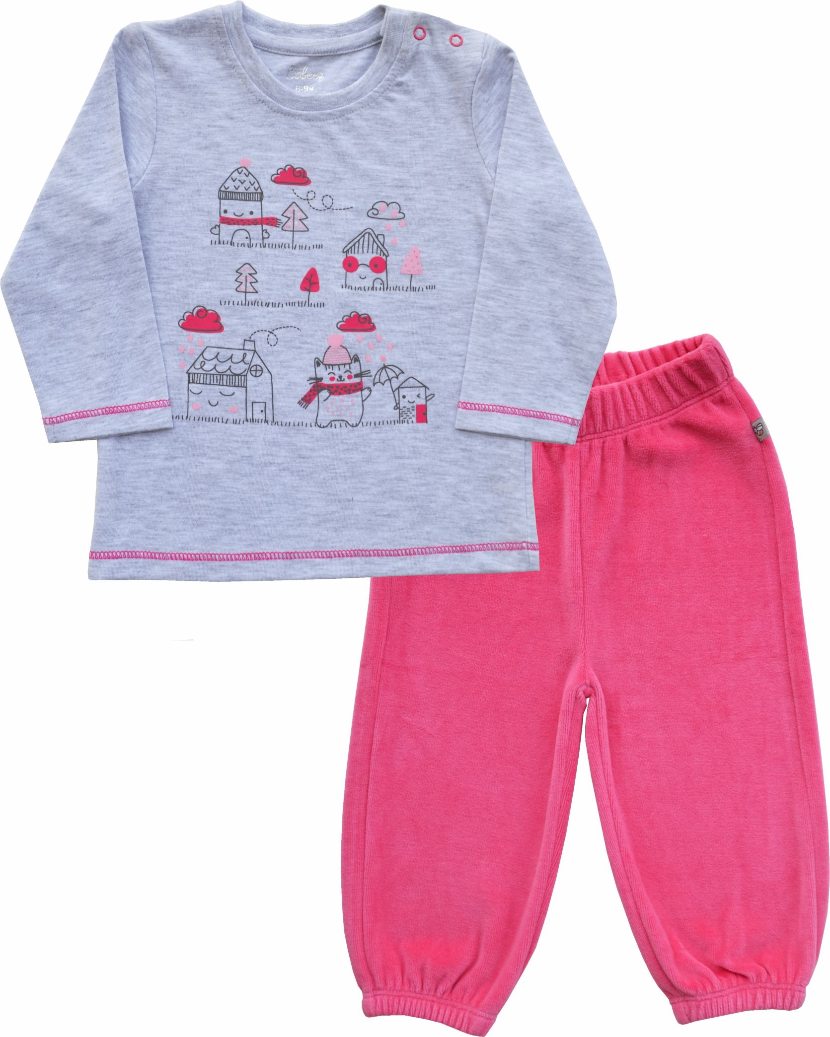 Grey with Pink printed Full sleeve Top+PinkVelour Pant Set(100% Cotton Interlock))