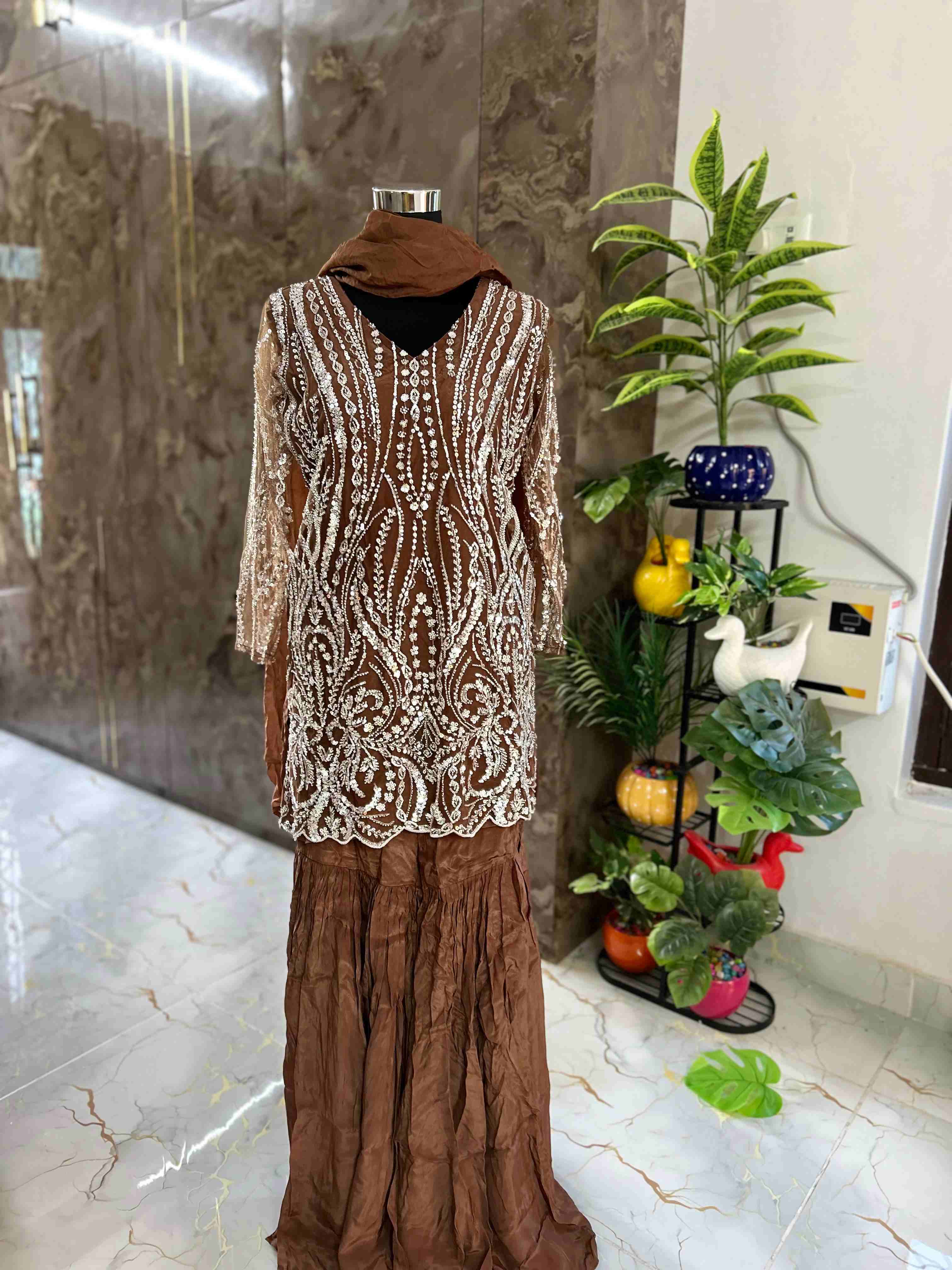 Royal Bronze Net Dress with beaded detailing