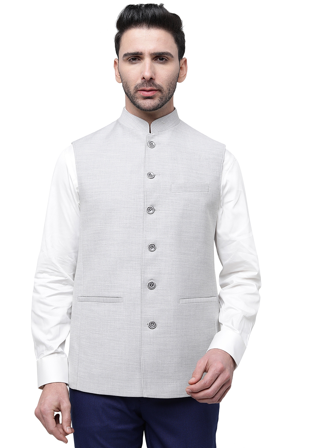 Modi Jacket | Light Grey Solid Regular Fit Modi Jacket | JadeBlue 0