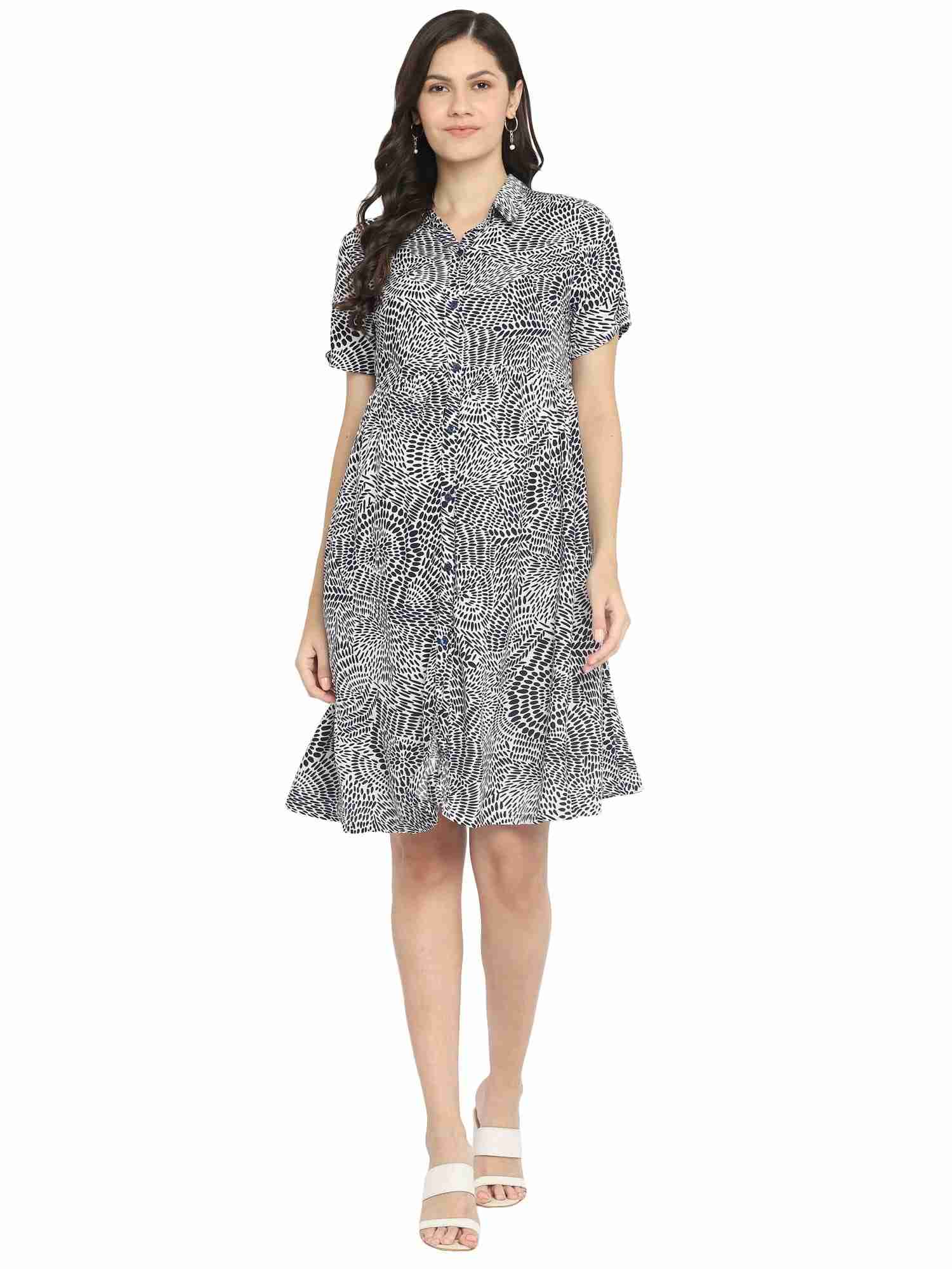 Womens Short Sleeves Maternity Dress-White & Black