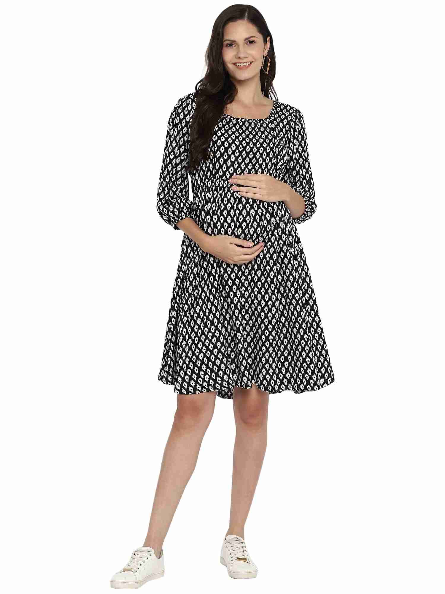 Womens Short Sleeves Maternity Dress-White & Black