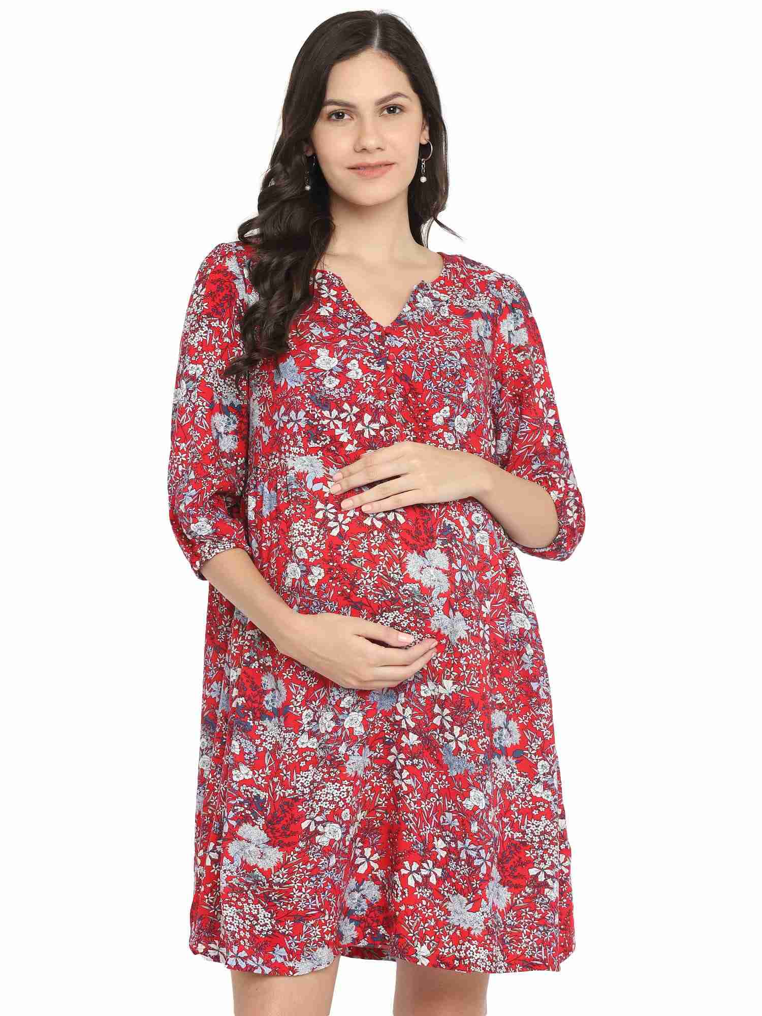 Womens 3/4th Sleeves Maternity Dress-Multicolor