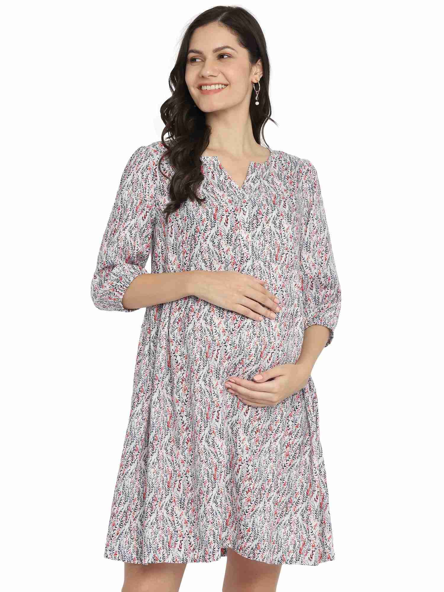 Womens 3/4th Sleeves Maternity Dress-Multicolor