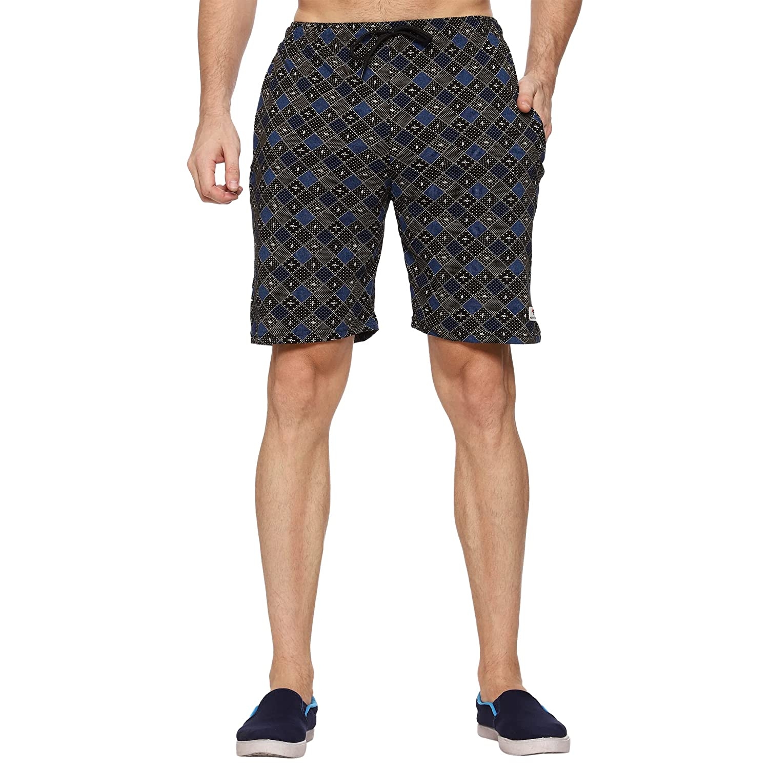 Moovfree Mens Cotton Bermuda Printed Casual Shorts Regular Fit Lounge Shorts with Zip Pockets, Blue and Brown Dots