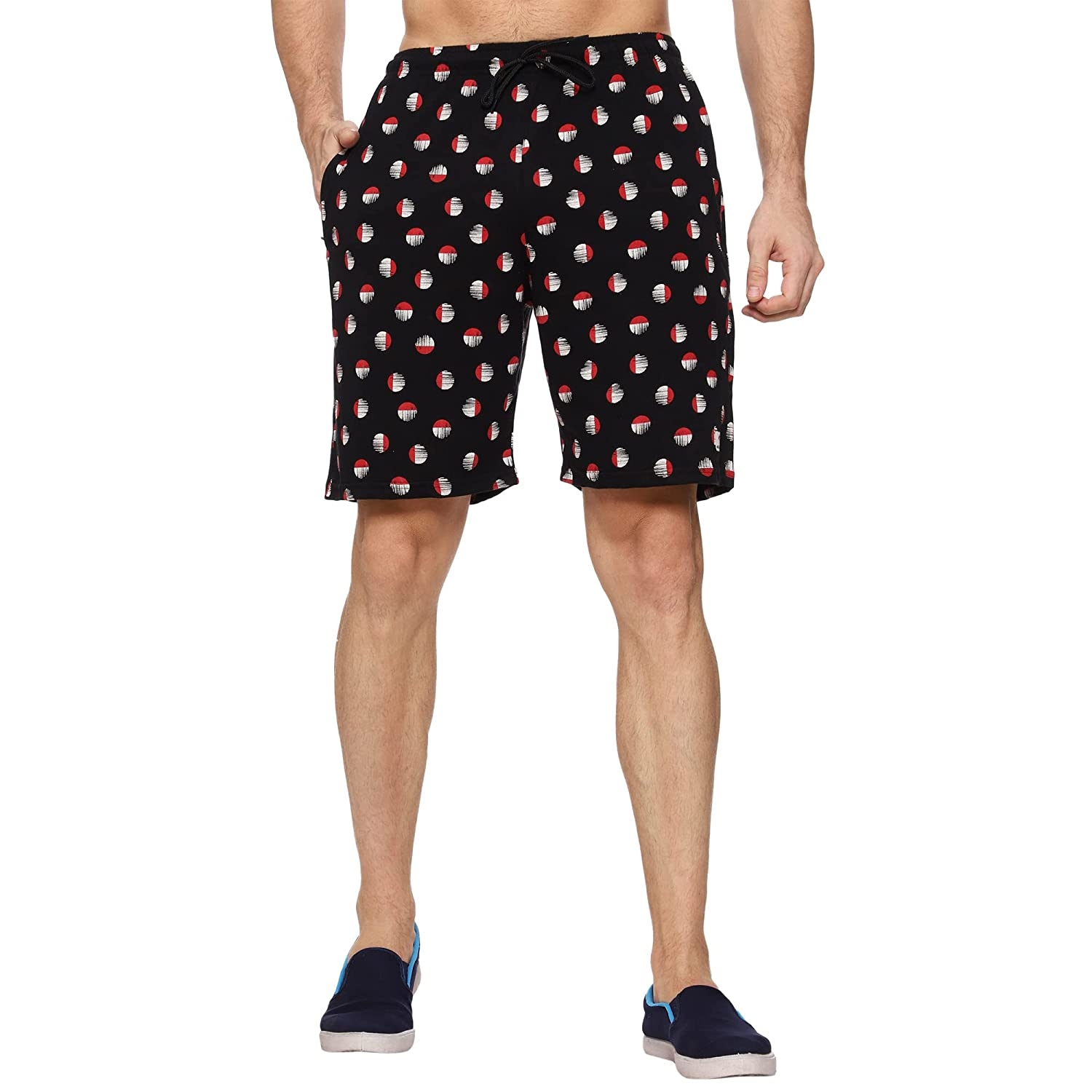 Moovfree Mens Cotton Bermuda Printed Casual Shorts Regular Fit Lounge Shorts with Zip Pockets, Red and White Circle on Black 