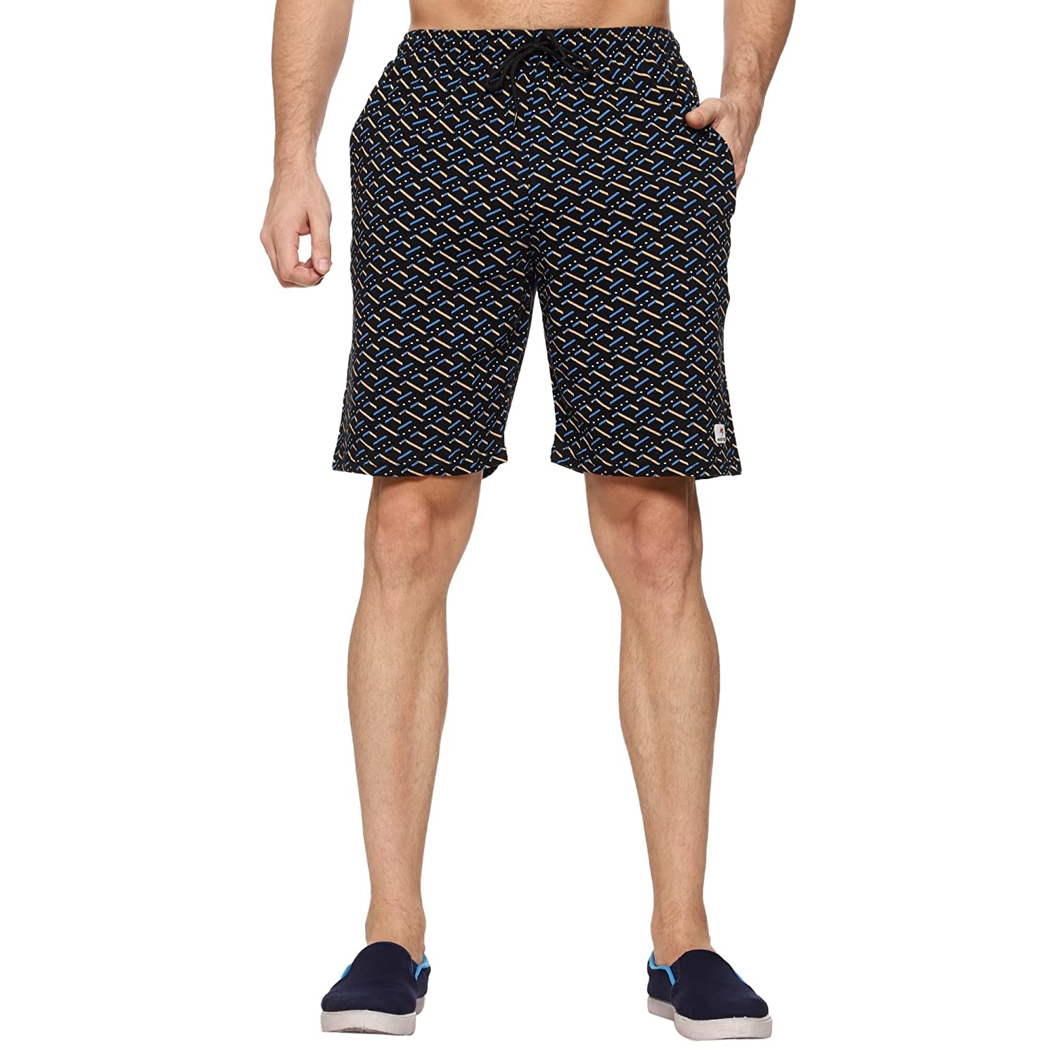 Moovfree Mens Cotton Bermuda Printed Casual Shorts Regular Fit Lounge Shorts with Zip Pockets, Sea Blue