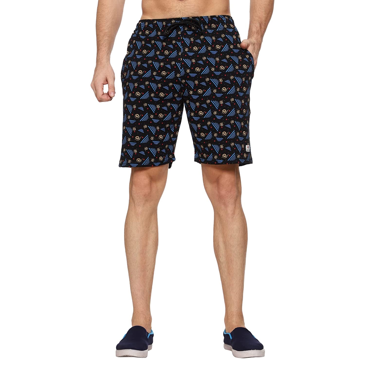 Moovfree Mens Cotton Bermuda Printed Casual Shorts Regular Fit Lounge Shorts with Zip Pockets, Shady Blue